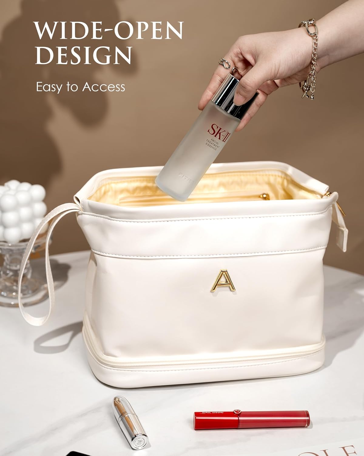 Birthday Gifts for Her, Initial Large Makeup Bag, Gift for Women Double Layer Cosmetic Bag with Makeup Brush Organizer, Toiletry Bag for Woman, Custom Tote Bag-Bachelorette Present
