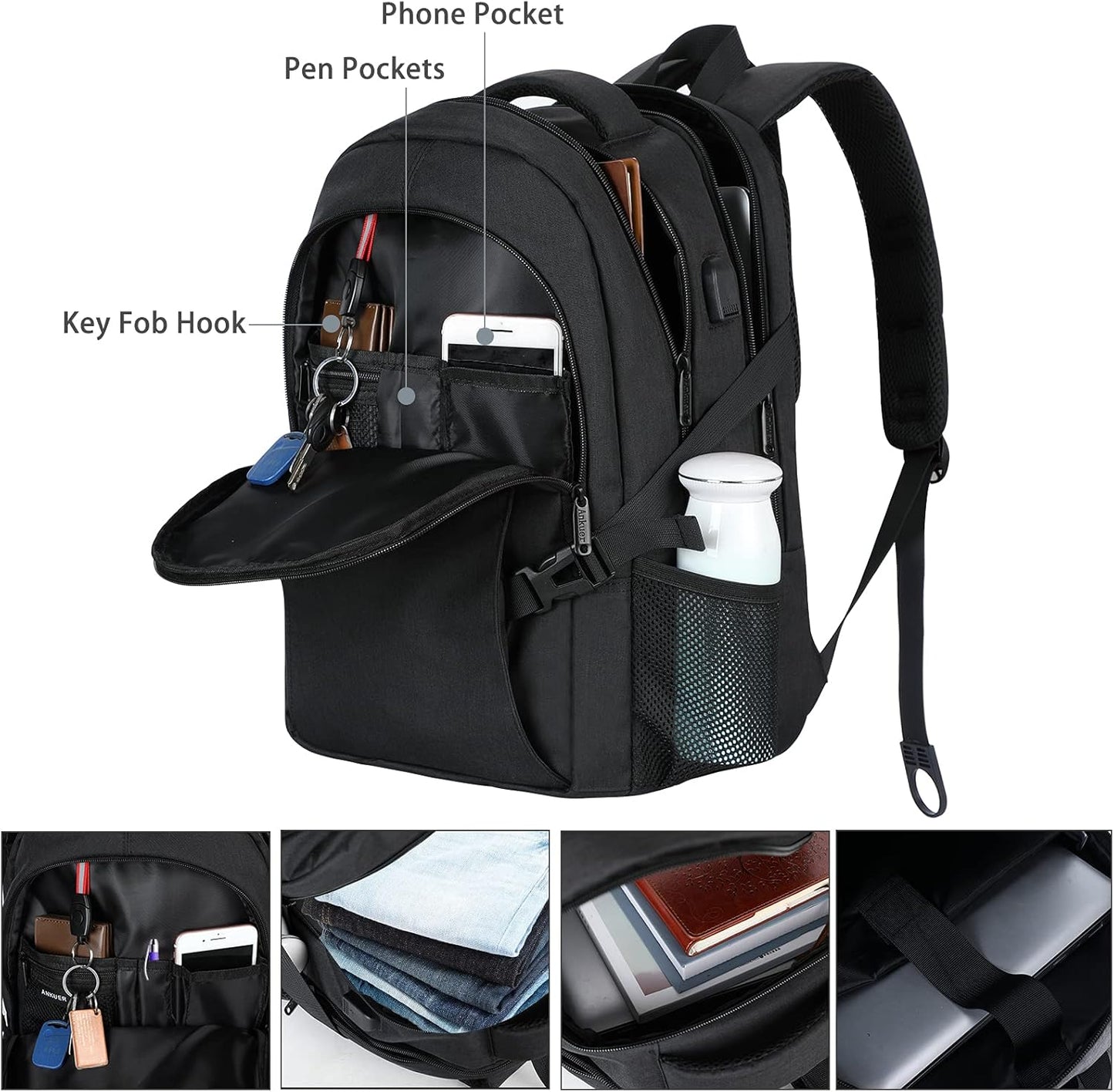 ANKUER Backpacks for Men Women, Backpack Fits Up 15.6 in Laptop Backpack for Travel, Backpacks with USB Charging Port, Work Business Backpack for School (Black)