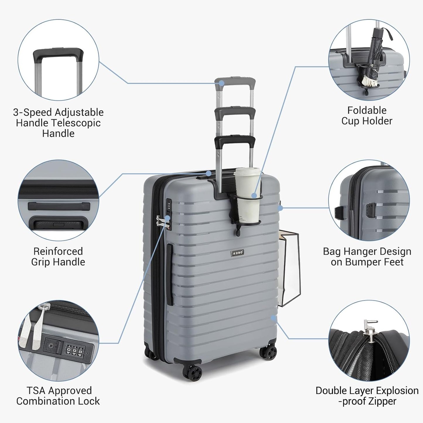Kono 24 Inch Expandable Luggage Suitcase with Spinner Wheels, Durable Hardside Checked Luggage with Hidden Cup Holder, Lightweight Hard Shell Medium Suitcase with TSA Lock(Light Grey)