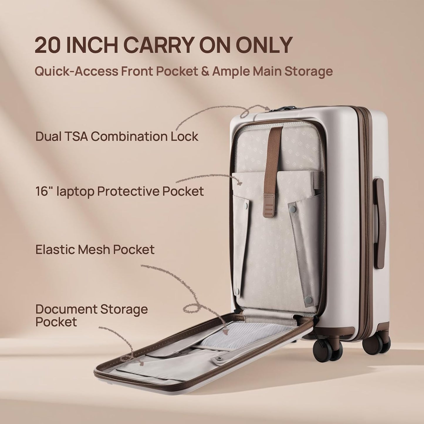 NINETYGO Medium Checked Luggage 25 Inch, Flat Top Opening Checking In Luggage with Cup Holder, Expandable, Coffee-Infused PC Hard Shell, Eco-Friendly, TSA Lock, 360° Spinner Wheels (Latte)