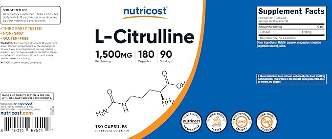 Nutricost L-Citrulline 1500mg, 180 Capsules - 750mg Per Capsule, Gluten Free, Non-GMO, Packaging May Vary