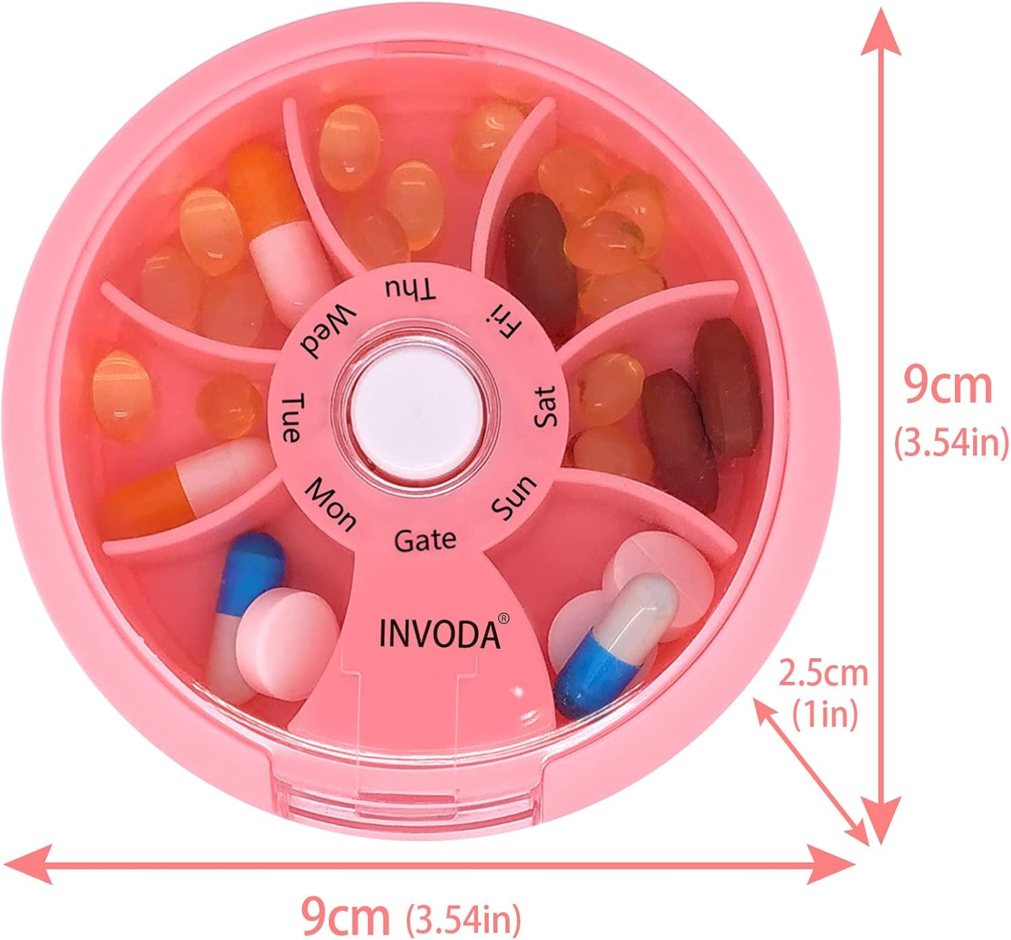 INVODA Weekly Pill Organizer 7 Compartment Rotating Pill Box for Daily Medication & Vitamins - Portable Travel Pill Case Fish Oil Supplements Vitamins Organizer (Pink+Bag)