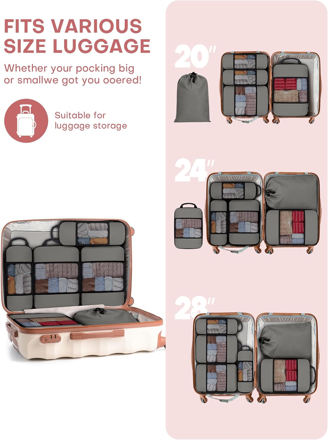 6 PCS Set Compression Packing Cubes for Travel, Lightweight Packing Organizer Bags Travel Essentials for Carry On, Suitcase, Home Closet - Grey