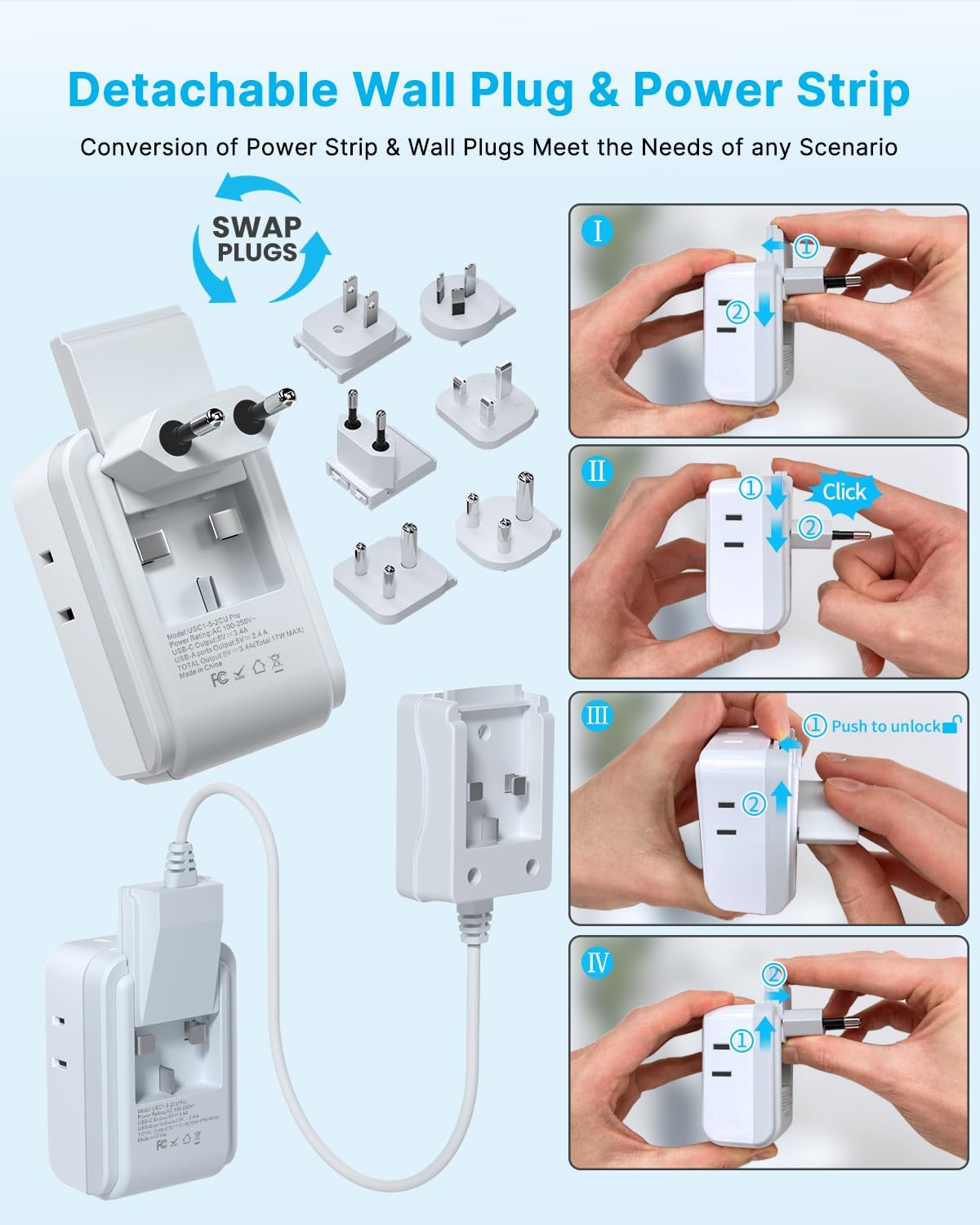 VINTAR Universal Travel Adapter Kit, 3ft Detachable Extension Cord with 4 AC Outlets & 3 USB(2 USB C), Type A/C/G/D/I/M International Power Adaptor for US to Europe UK India South Africa Japan