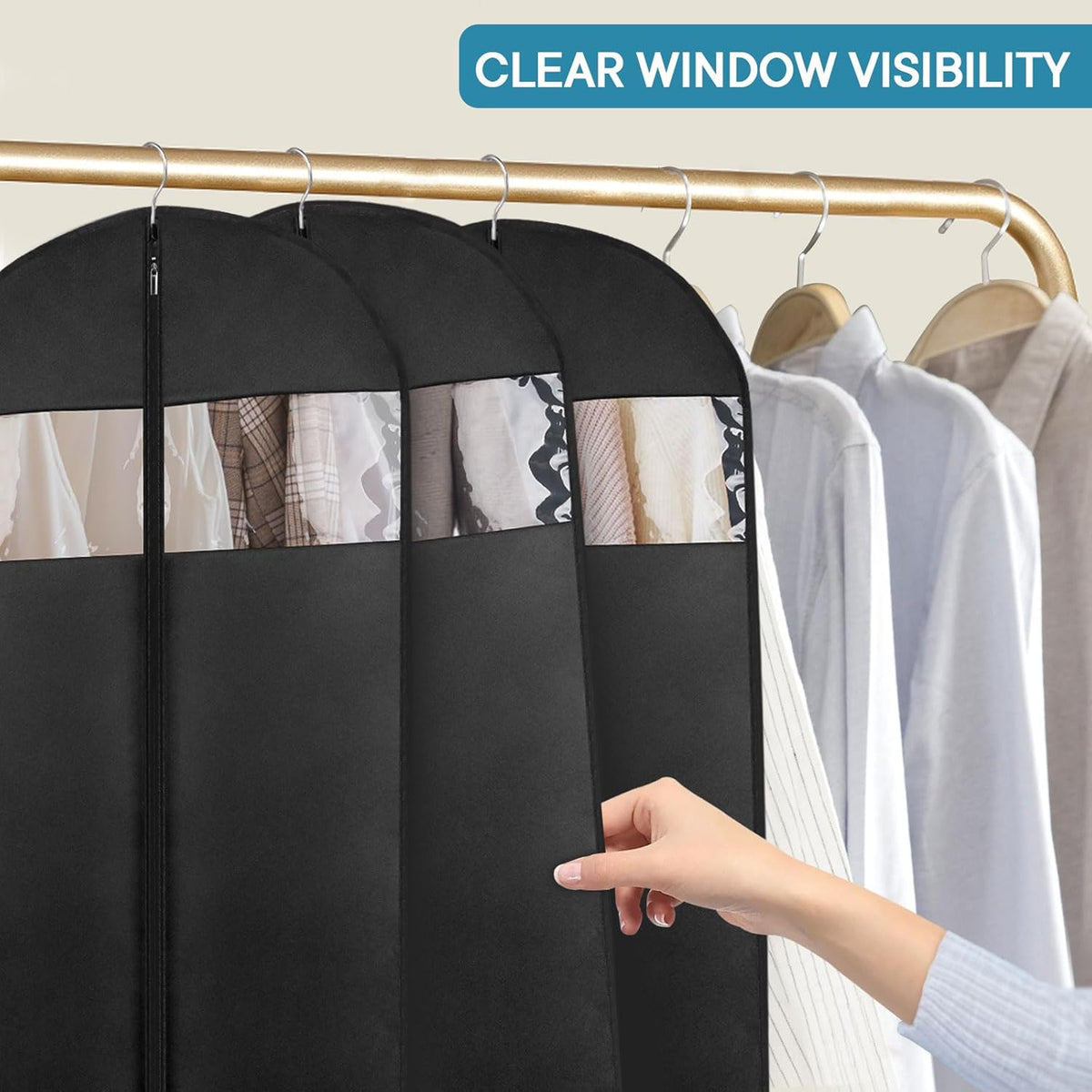 43" Suit Bags for Closet Storage and Travel, Garment Bags for Hanging Clothes, Suit Garment Bag for Men, Black Suit Cover Bags with Clear Window for Coats, Jackets, Shirts（5 Packs）