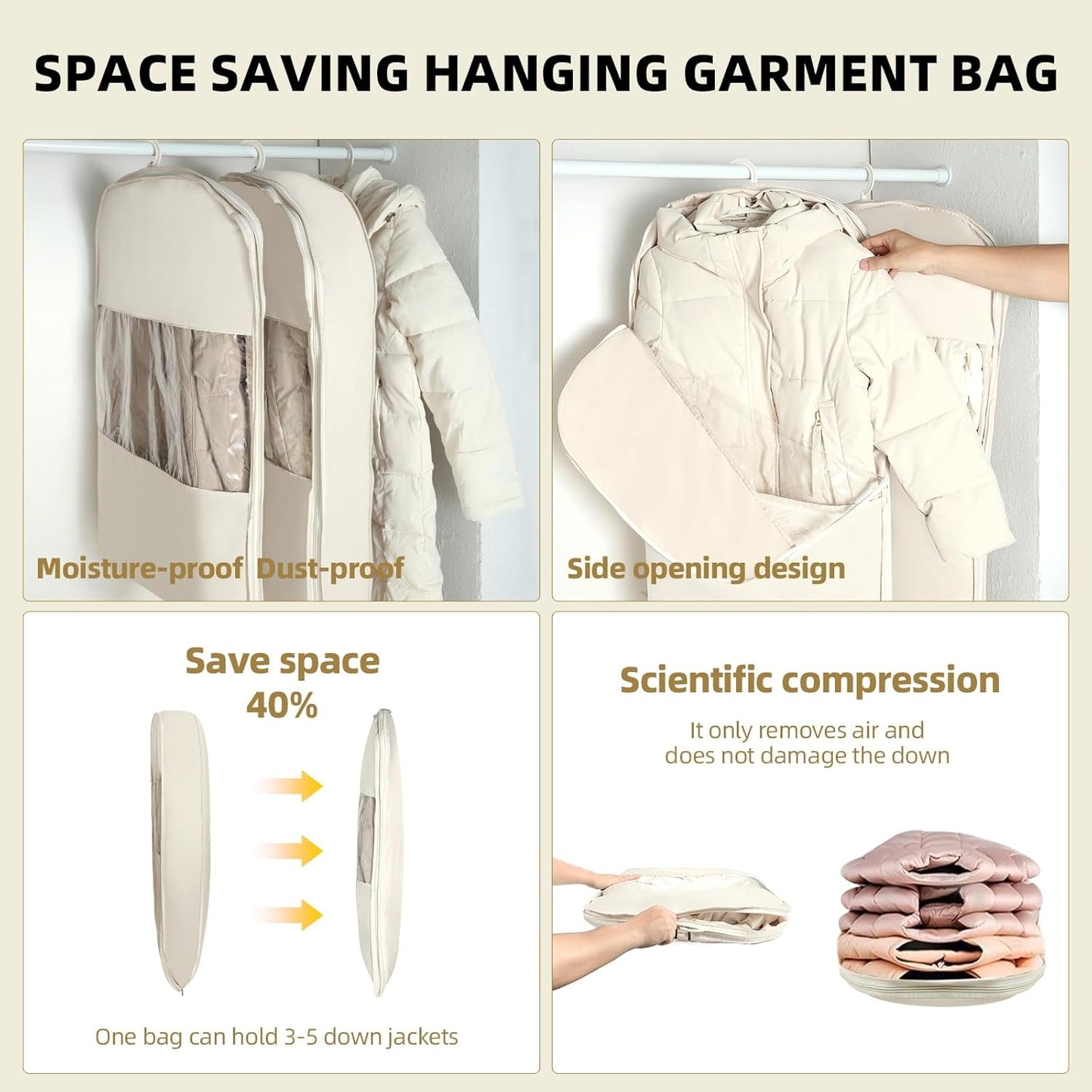 2 Pack Space Saving Garment Bag with Self Compression Zipper, Garment Bags for Hanging Clothes, Compression Bags for Storage, Hanging Garment Bag for Coats and Down Jackets (M, Beige)