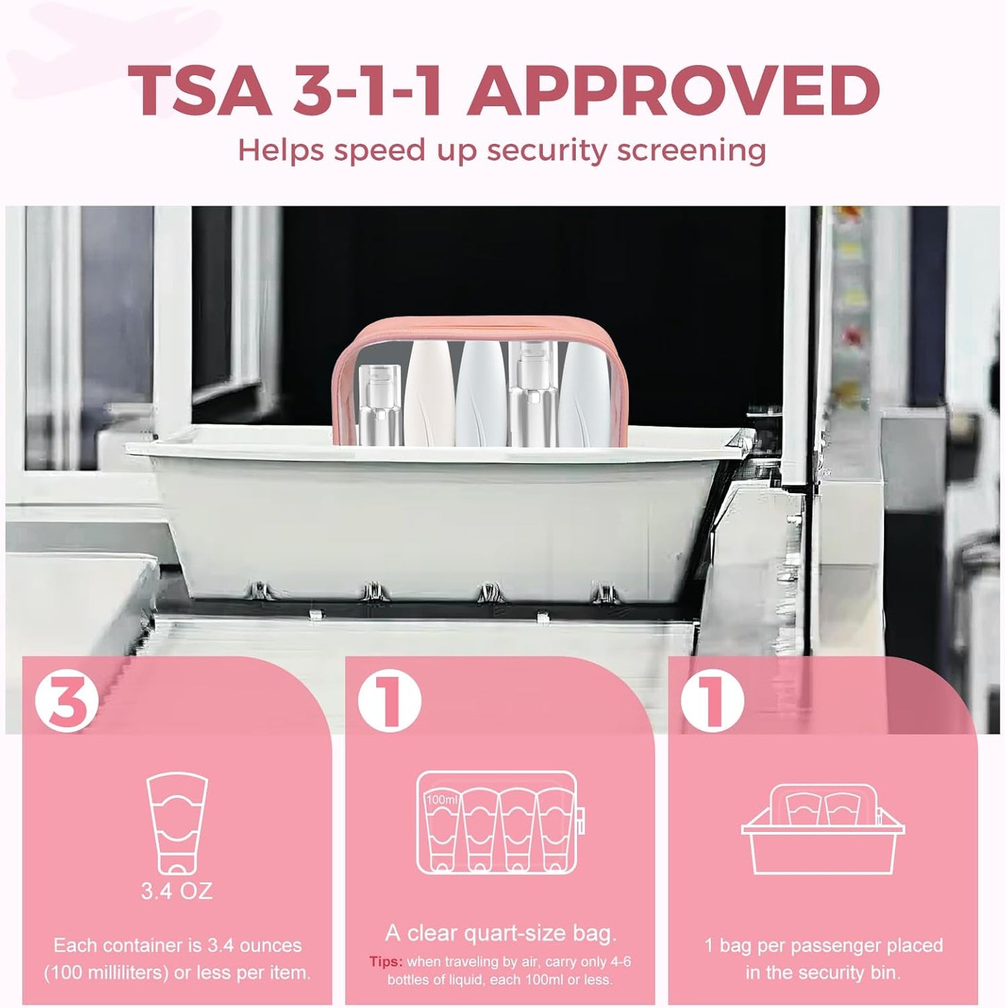Moyad TSA Approved Clear Toiletry Bag, 3 Pack Quart Size 3-1-1 Liquids Pouch for Travel, Transparent Makeup & Cosmetic Organizer for Women Men, Peach Pink