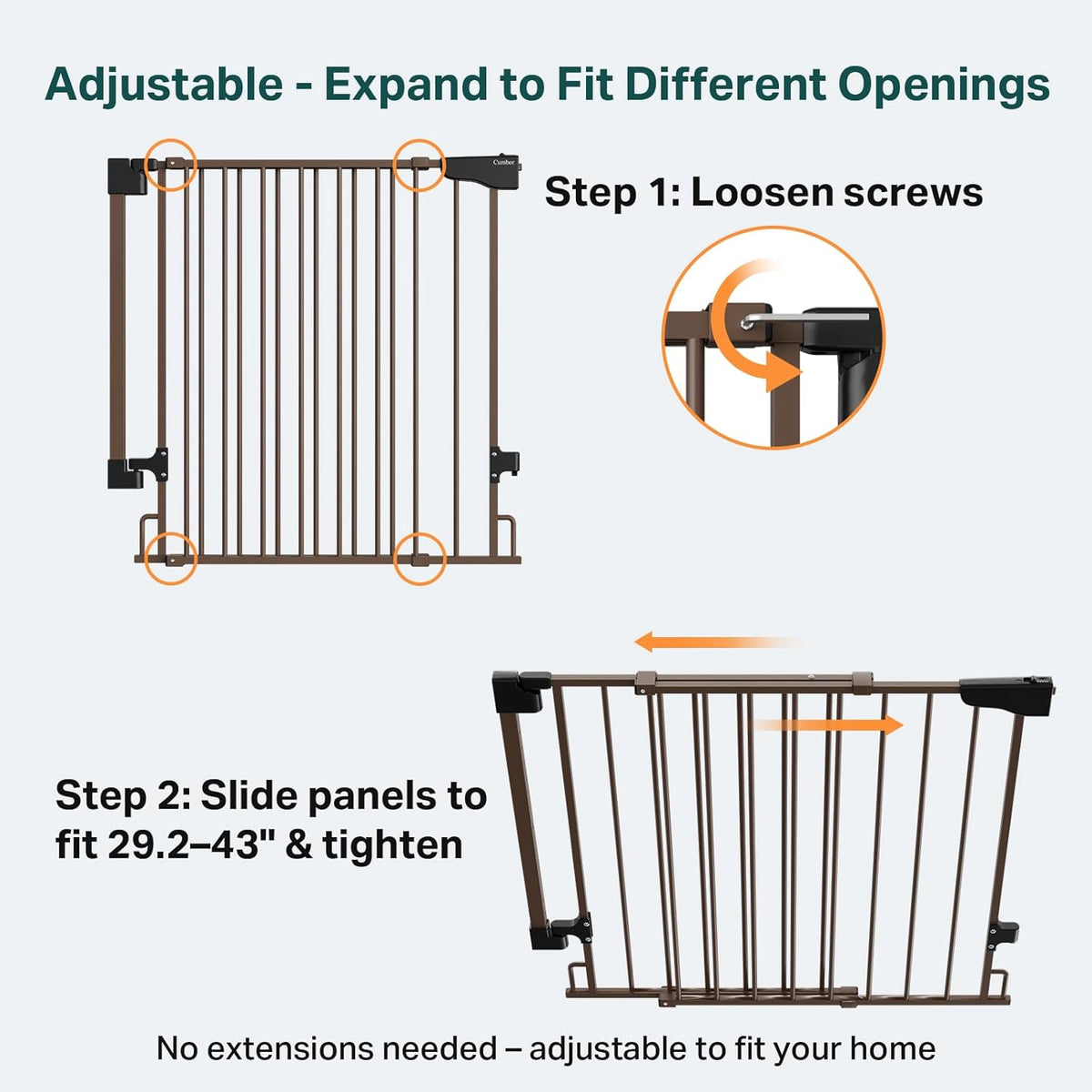 Cumbor 29.2–43" Baby Gate for Stairs, Wall-Mounted (Drill Required), Expandable No Bottom Bar Dog Gate, Auto Close Extra Wide Walk Thru, Pet & Toddler Proof Gate, Top & Bottom of Stairways (Brown)