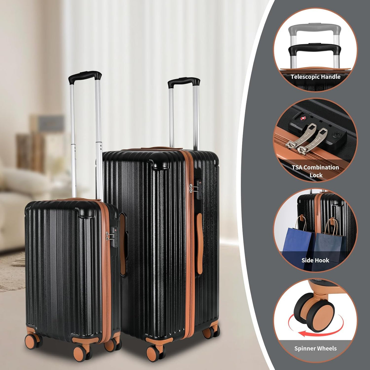 Carry-on 20 Inch and 28 Inch Square Thickened ABS+PC Hard Shell luggage, 2-Piece Suitcase Set with TSA Lock & Dual Zipper Mesh Inner Layer Design, Black Brown