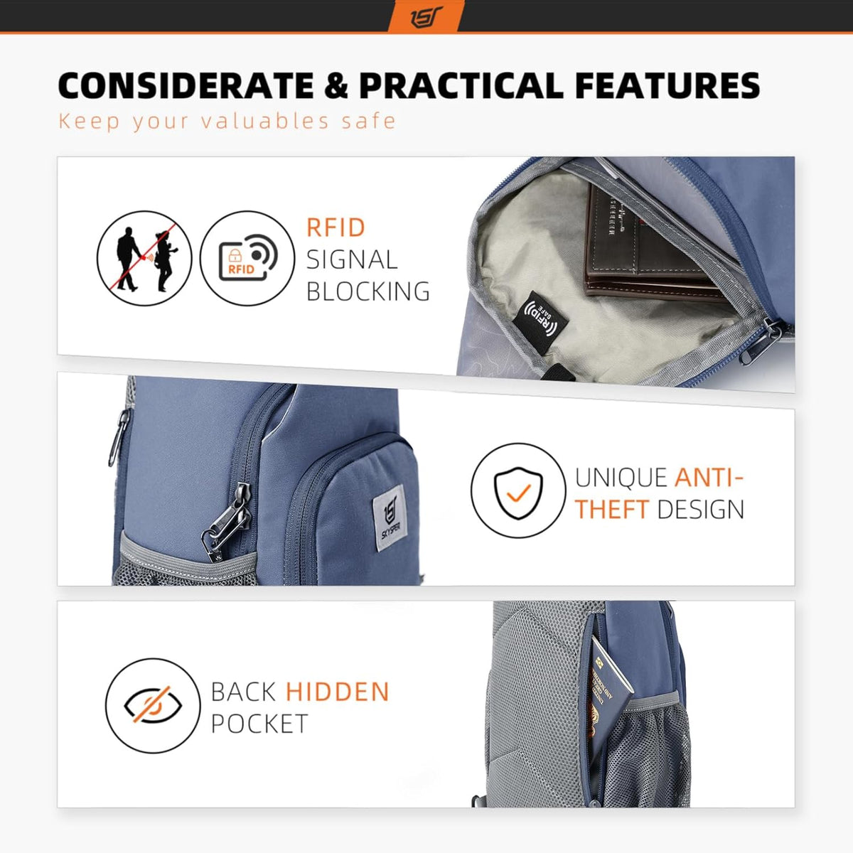 SKYSPER Sling Bag RFID Crossbody Sling Backpack Cross Body Shoulder Bag Travel Hiking Daypack for Women Men
