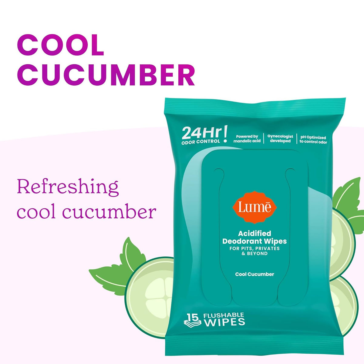 Lume Acidified Deodorant Wipes - 24 Hour Odor Control - Aluminum Free, Baking Soda Free, Skin Loving - Flushable - 15 Count (Pack of 3) (Cool Cucumber)