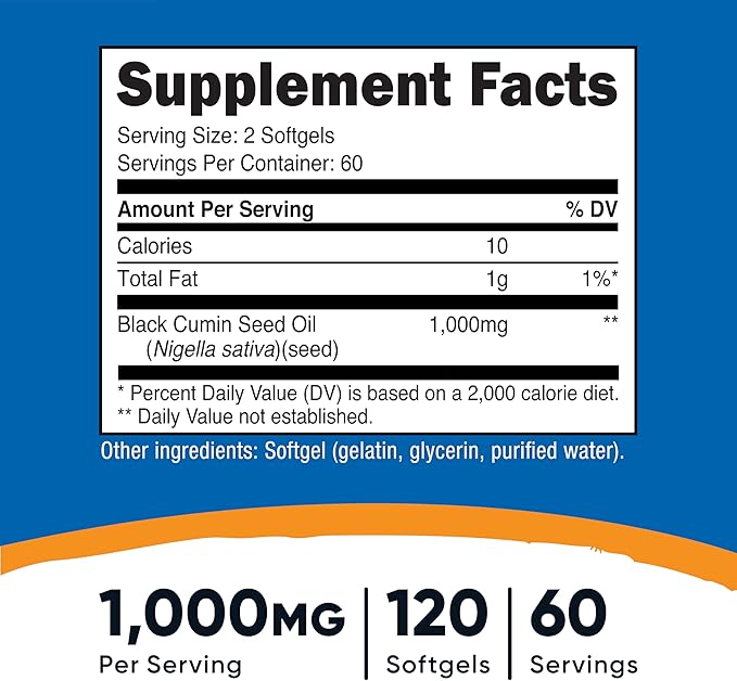 Nutricost Black Seed Oil (Cumin) - Cold Pressed, Source of Omega 3 6 9-120 Softgels, 1000mg Per Serving, 60 Servings - Non-GMO and Gluten Free