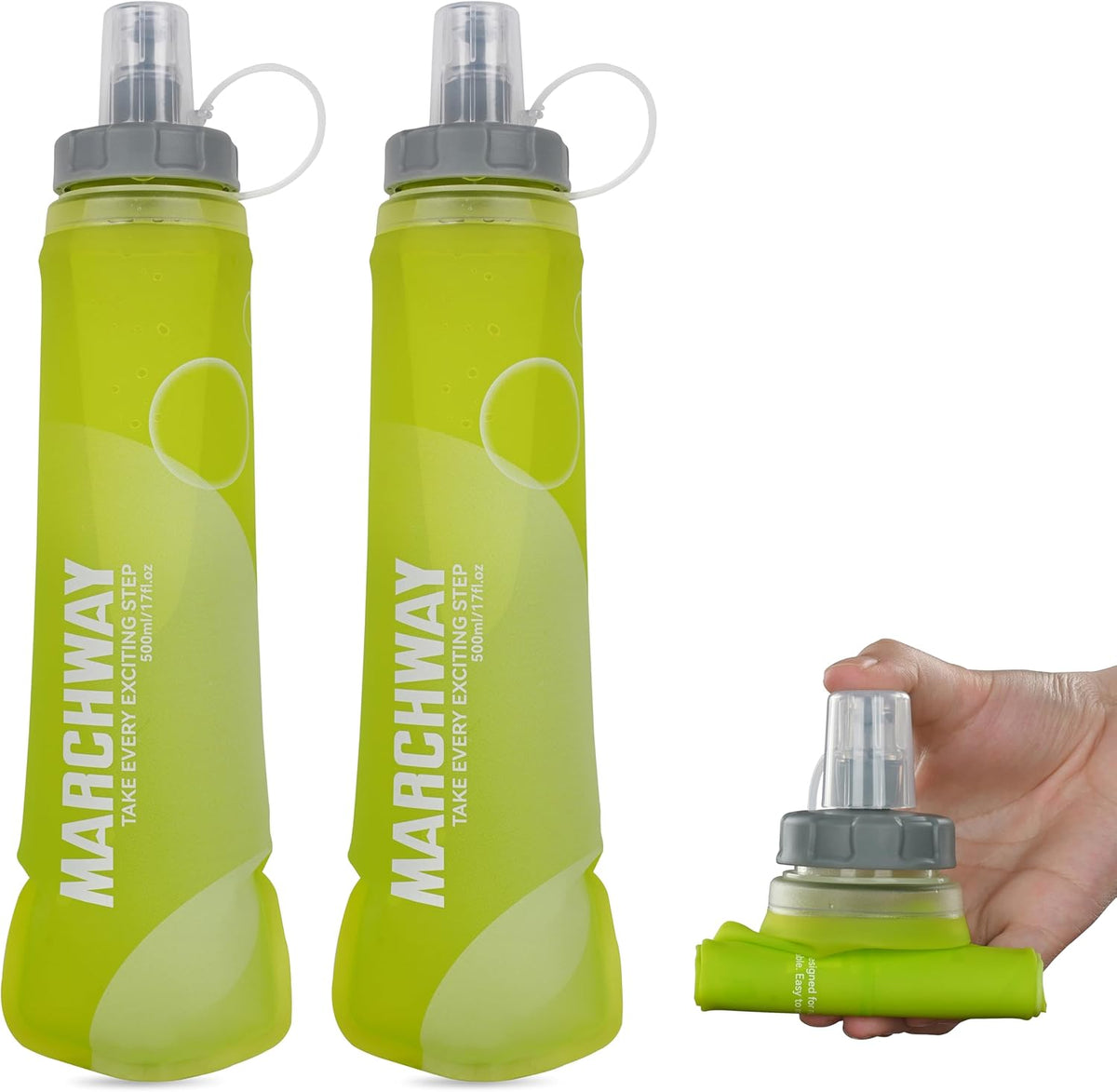 MARCHWAY Soft Hydration Flask with Wide Mouth, 300ml/500ml Collapsible TPU Water Bottle, Leakproof Portable Flexible for Running, Hiking, Cycling, Climbing, Gym, Travel (2pcs Yellow 500ml)
