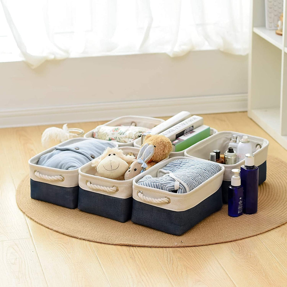 TheWarmHome Storage Basket for Organizing - Small 12x8x5.2 inch 6 Pack Collapsible Storage Bin for Shelves, Canves Storage Cubes for Organizer Cloth Box Gift Toys Closet (White & Jean Blue)