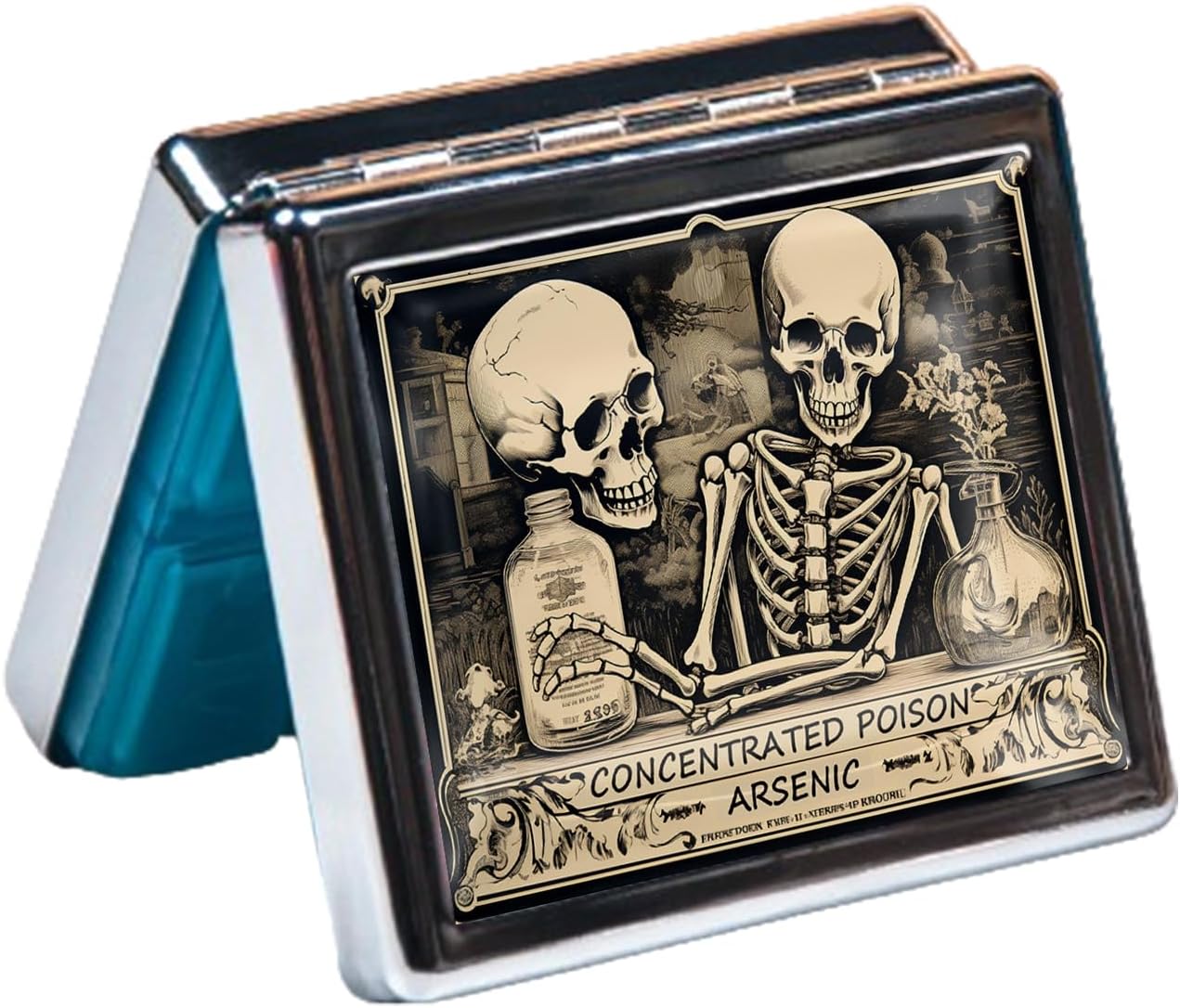 Silver Vintage Pill Box 7 Day Metal Pill Box with Mirror and 8 Compartments Cute Travel Pill Organizer for Purse (Concentrated Poison)