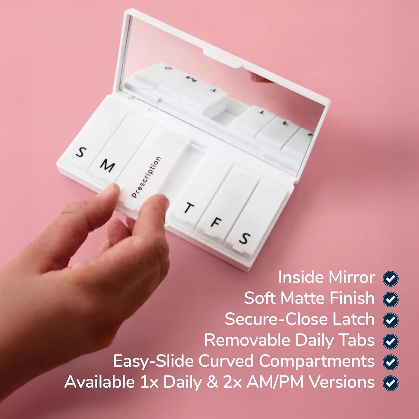 PORT X POLISH Designer Weekly Pill Box Organizer (AM/PM 2X Daily, Blush Pink) | Compact, Stylish 7-Day Vitamin Supplement Case | Cute Portable Mini Travel Medicine Carrier | BPA-Free Pillbox Caddy