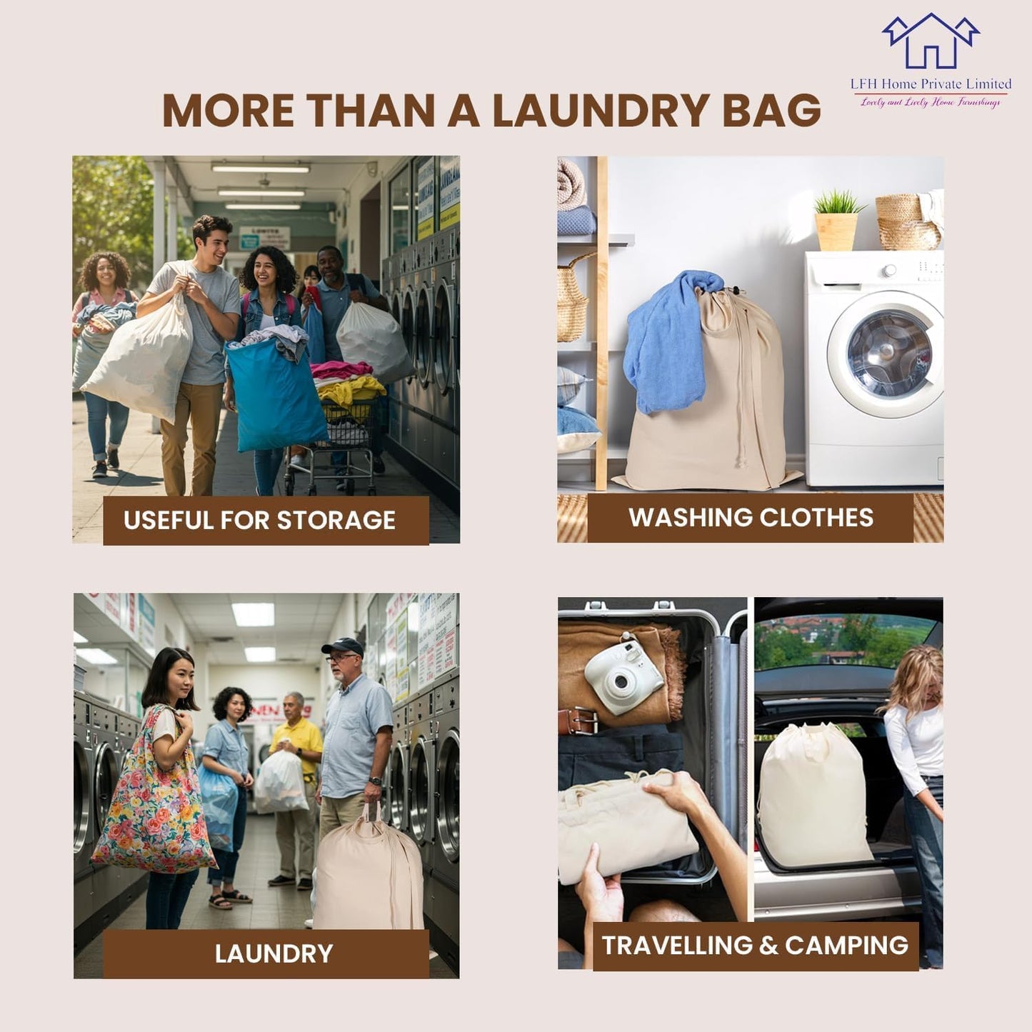 LFH Home Large Premium 100% Cotton Canvas Laundry Bag with Drawstring and Handles Heavy Duty, Multi-Use, and Washable for Home, Travel, College or Storage 24x36 (Pack of 6)-Natural