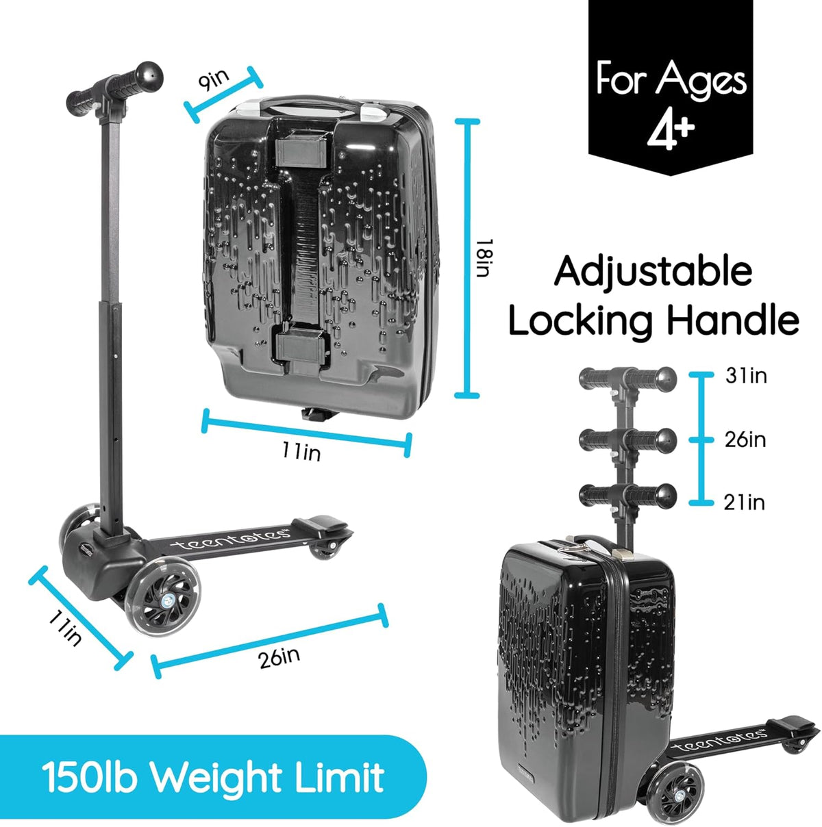Teen Totes Detachable 4-in-1 Scooter Luggage for Kids – Ride-On Suitcase with Removable Luggage Body, Adjustable Handlebar, Durable Deck & Brake, Carry-On Size – Travel & Play