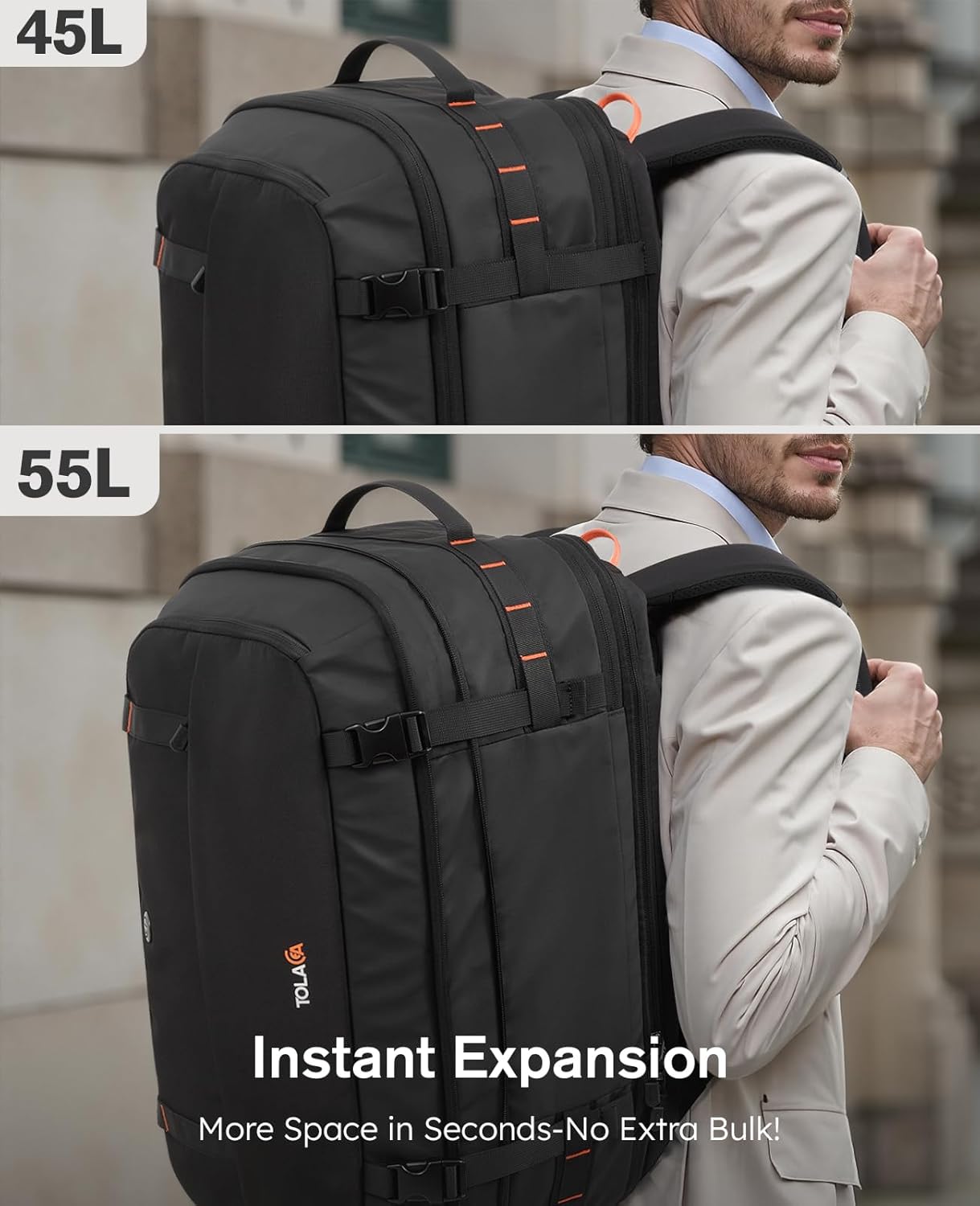 Tolaccea Travel Backpack with Garment Bag, Suit Carry On Backpack, TSA Flight Approved for Travel & Business Trips with Dual Laptop Storage for 17.3" and 12.9" & Extra Toiletry Bag, 45-55L Expandable