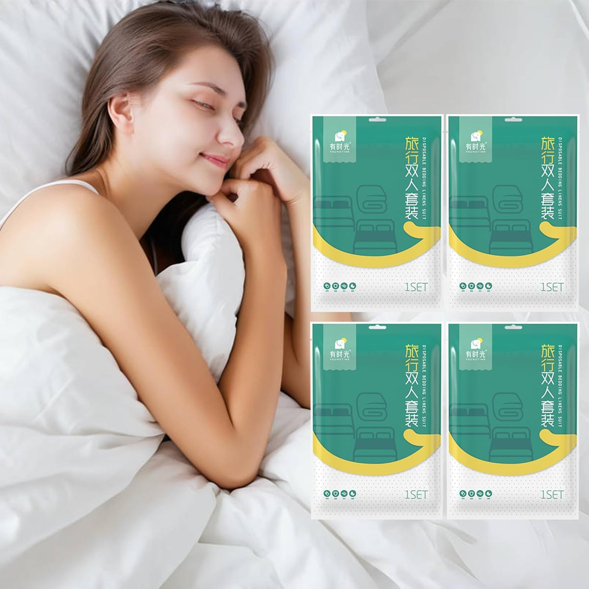 YOUNGTIME Disposable Bed Sheets for Travel,Disposable Portable Bedding Set with 4 Bed Sheet 4 Quilt Cover and 8 Pillowcase for Hotel & Trips,4 Pack