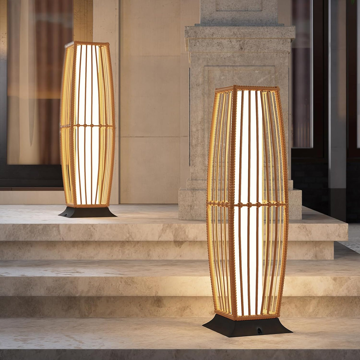 Grand patio 2-Piece Outdoor Floor Lamp Solar Powered Lantern Waterproof Wicker Boho Deck Lights for Garden Porch Decor, Large Taurus
