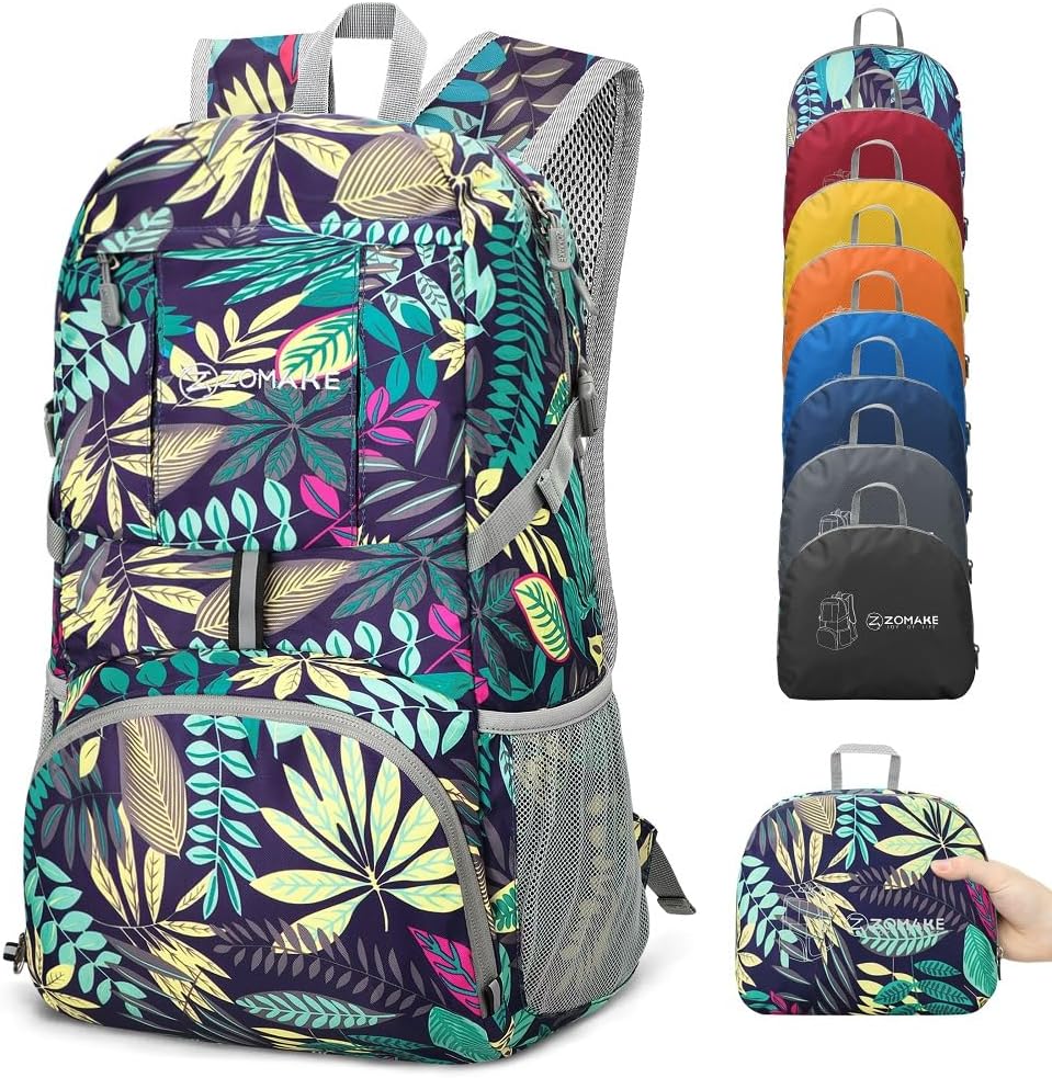 ZOMAKE Lightweight Packable Backpack 35L, Light Foldable Backpacks Water Resistant Collapsible Hiking Bag, Compact Folding Day Pack for Travel Camping(Mixed Color-Leaves)