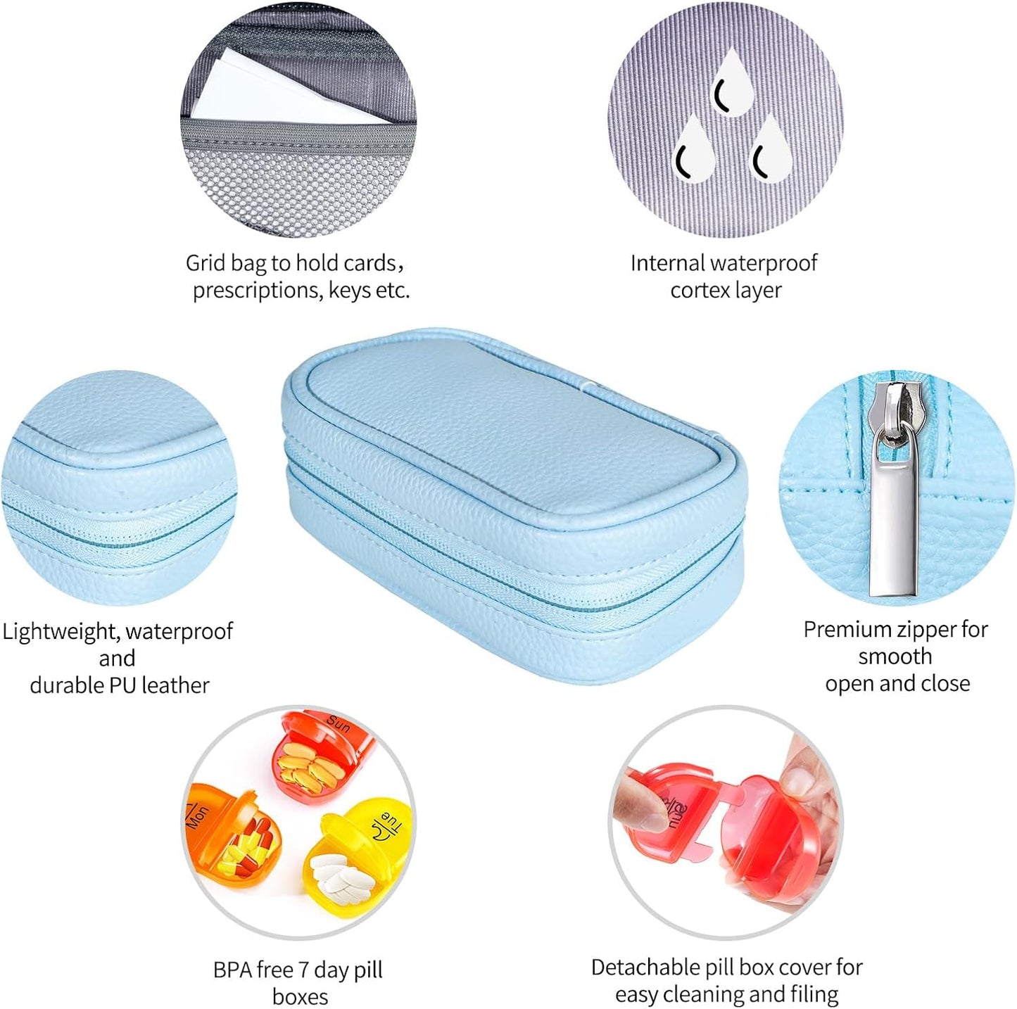 Serfeymi Weekly Travel Pill Organizer 2 Times A Day AM PM Upgraded Rainbow Pill Box 7 Day with Portable Zipper PU Leather Pill Case, Medicine Organizer for Pills, Vitamins, Fish Oils - Blue 01