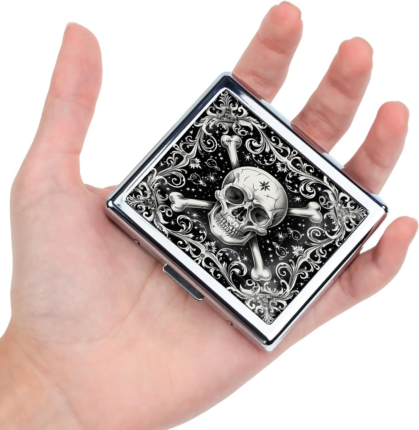 Cute and Stylish Metal Pill Box - Compact Portable Pill Organizer with 8 Compartments, Food-Grade Divider, Ideal for Travel, Vitamins, Jewelry, Cosmetics (Crossbones Starlight)
