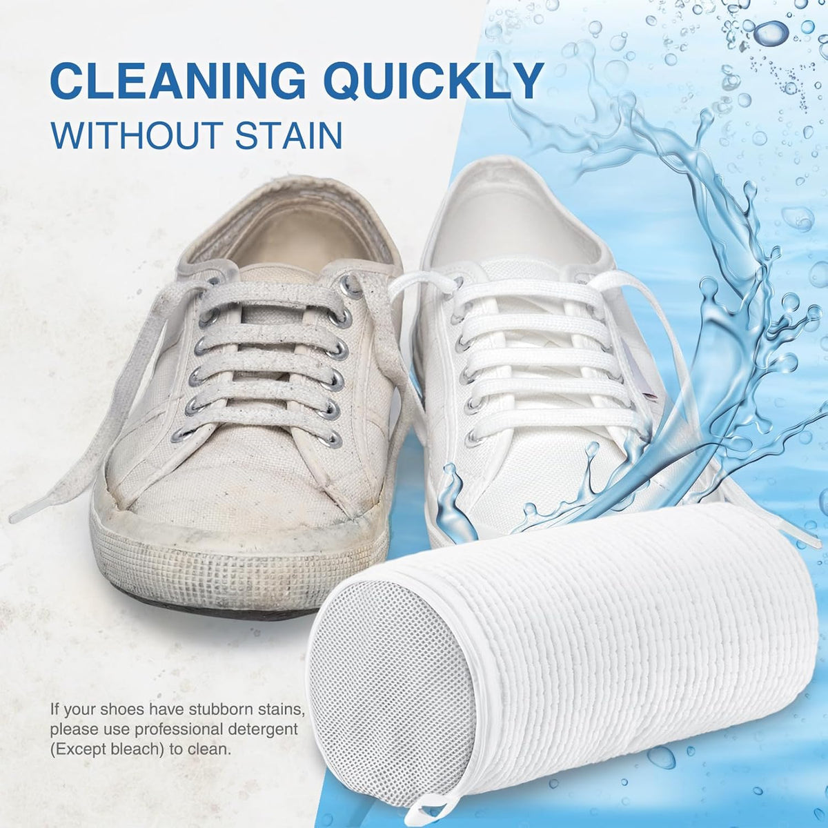 Shoe Washing Bag for Washing Machine, Fluffy Fibers Keep 360° Wrap-around Cleaning, 2 Pairs Adjustable Shoe Trees, Durable Hidden Zipper Reusable Shoe Laundry Bag for Sneaker Gym Shoes White