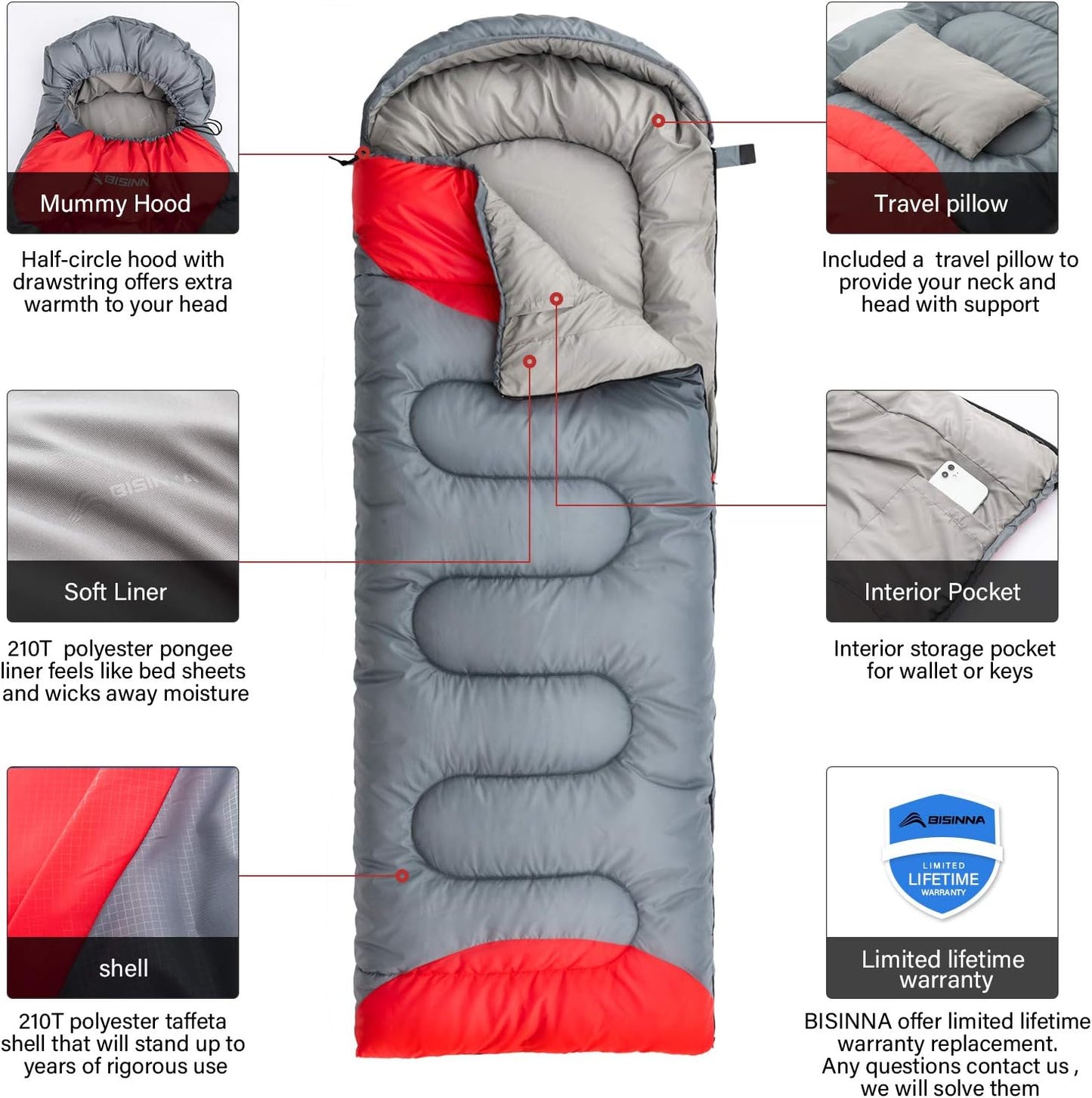 BISINNA Sleeping Bag with Pillow - 4 Season Backpacking Sleeping Bag Lightweight Waterproof Warm and Washable for Adults, Kids, Women, Men's Outdoors Camping, Hiking, Mountaineering