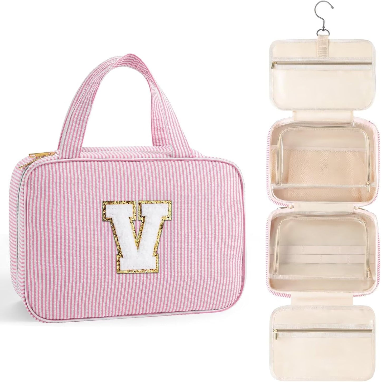 TOPEAST Travel Toiletry Bag for Women - Hanging Toiletry Bag Makeup Bag, Portable Toiletries Cosmetic Bag, Airplane Travel Essentials - Letter V, Pink