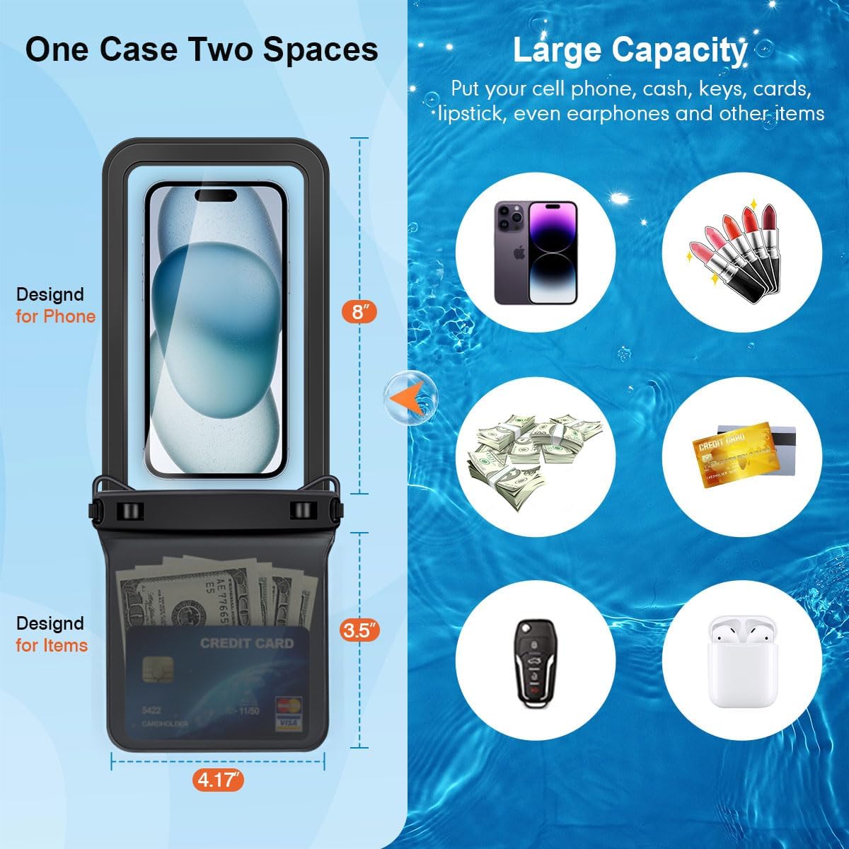 Double Space Waterproof Phone Pouch, 2 Pack Waterproof Phone Case with Lanyard for iPhone 16 15 14 Pro Max up to 8.5’’, Cellphone Dry Bag for Beach Vacation Travel Cruise Essentials