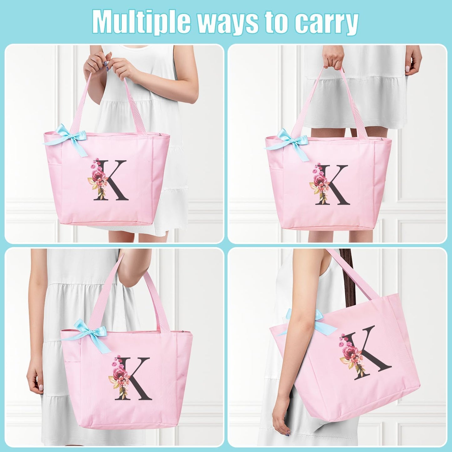 Vavabox Tote Bag, A-Z Initial Monogrammed Waterproof Tote Bag, Bridesmaid Gifts for Women, Black and Pink