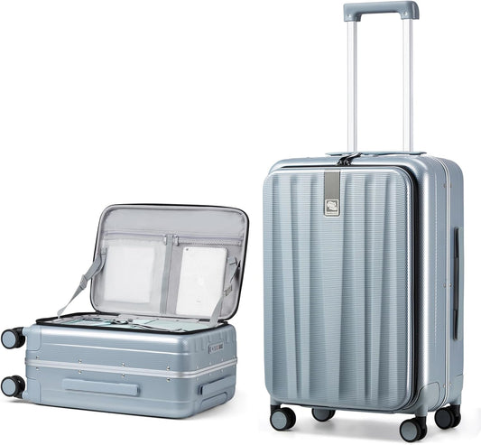 Hanke 24 Inch Checked Luggage Front Opening Rolling Suitcase Hard Sided Luggage with Spinner Wheels for Travel Woman Men.(Grey)