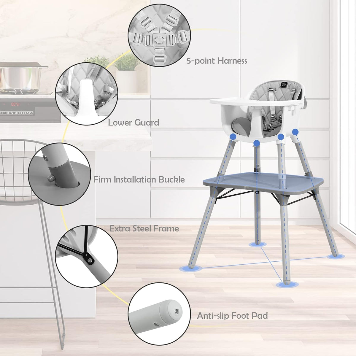 HONEY JOY 5-in-1 High Chair, Convertible Highchair for Babies and Toddlers/Kids Chair Table Set/Infant Feeding Chair w/Safety Harness, PU Leather Cushion & Removable Food Tray (Gray)