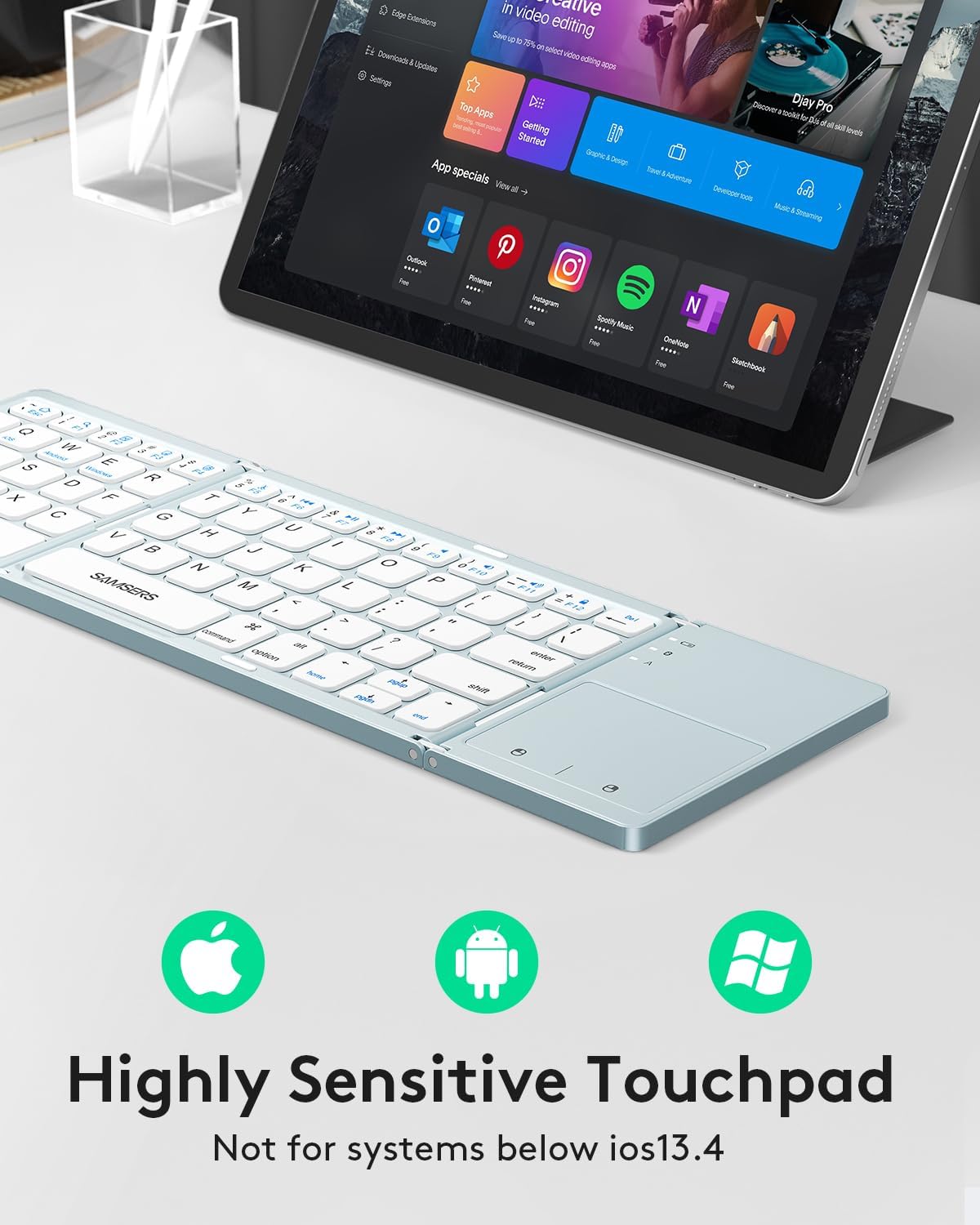 Samsers Foldable Bluetooth Keyboard with Touchpad - Portable Wireless Keyboard with Holder, Rechargeable Full Size Ultra Slim Pocket Folding Keyboards for Android Windows iOS Tablet & Laptop - Blue