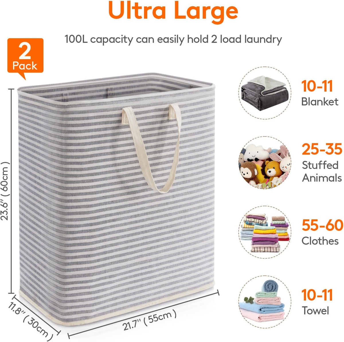 Lifewit 2 Pack Laundry Hamper Large Collapsible Laundry Baskets, Freestanding Waterproof Clothes Hamper with Easy Carry Handles in Laundry Room Bedroom Bathroom College Dorm for Adults, Gray, 2 x 100L