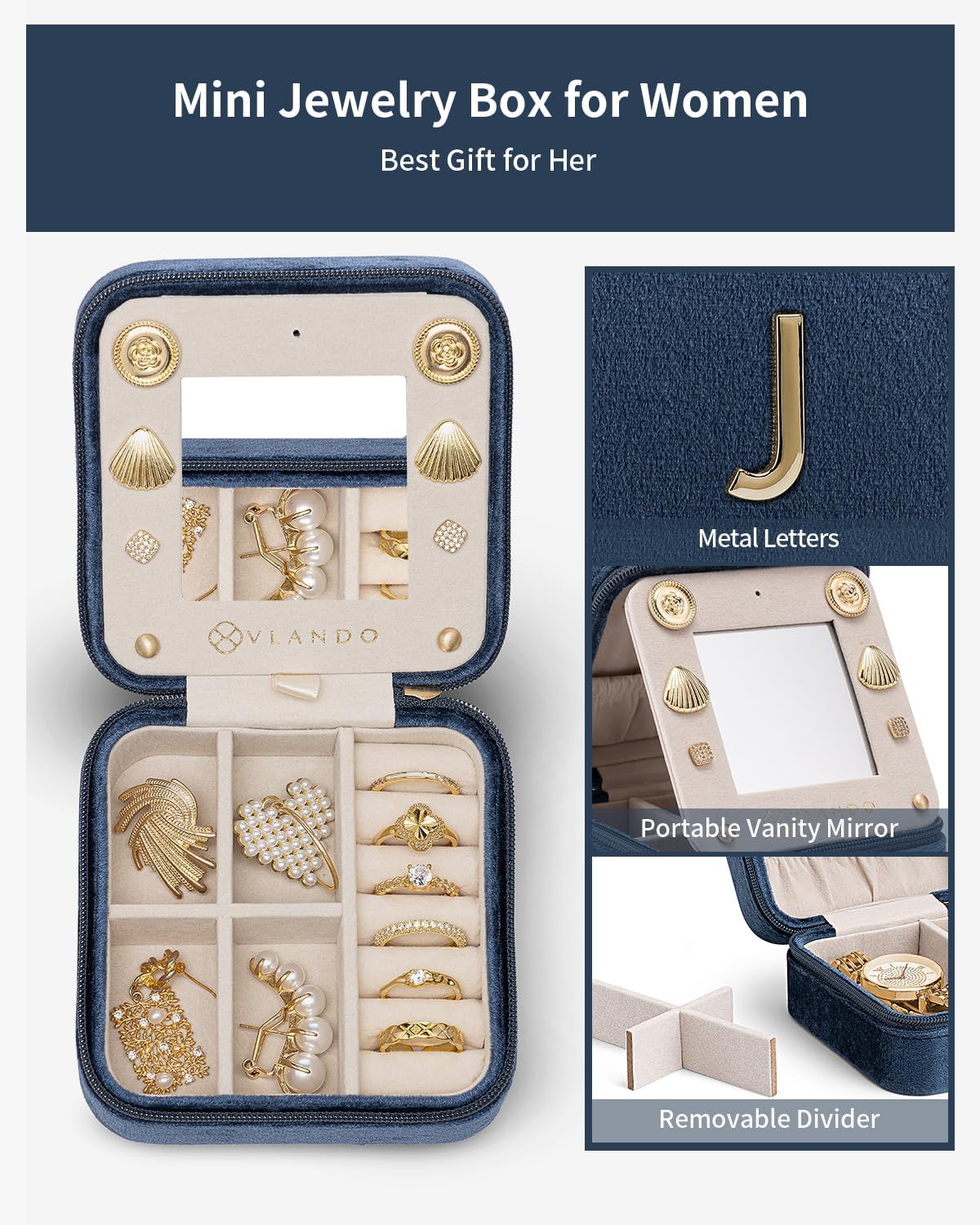Vlando Birthday Gifts for Women Friendship, Personalized Initial Jewelry Box, Friendship Gifts for Women Friends, Travel Essentials Small Jewelry Box, Travel Box for Girls - Letter J, Dark Blue