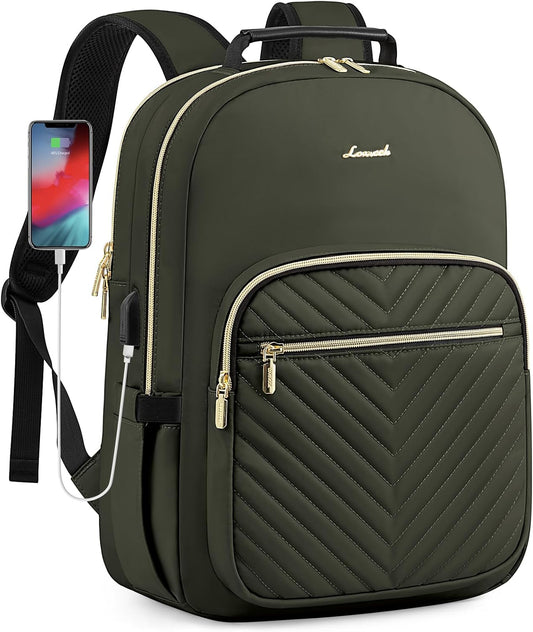 LOVEVOOK Laptop Backpack Purse for Women, Work Business Travel Computer Bags, College Nurse Backpack for Womens, Quilted Casual Daypack with USB Port, Fit 15.6 Inch Laptop, Army Green