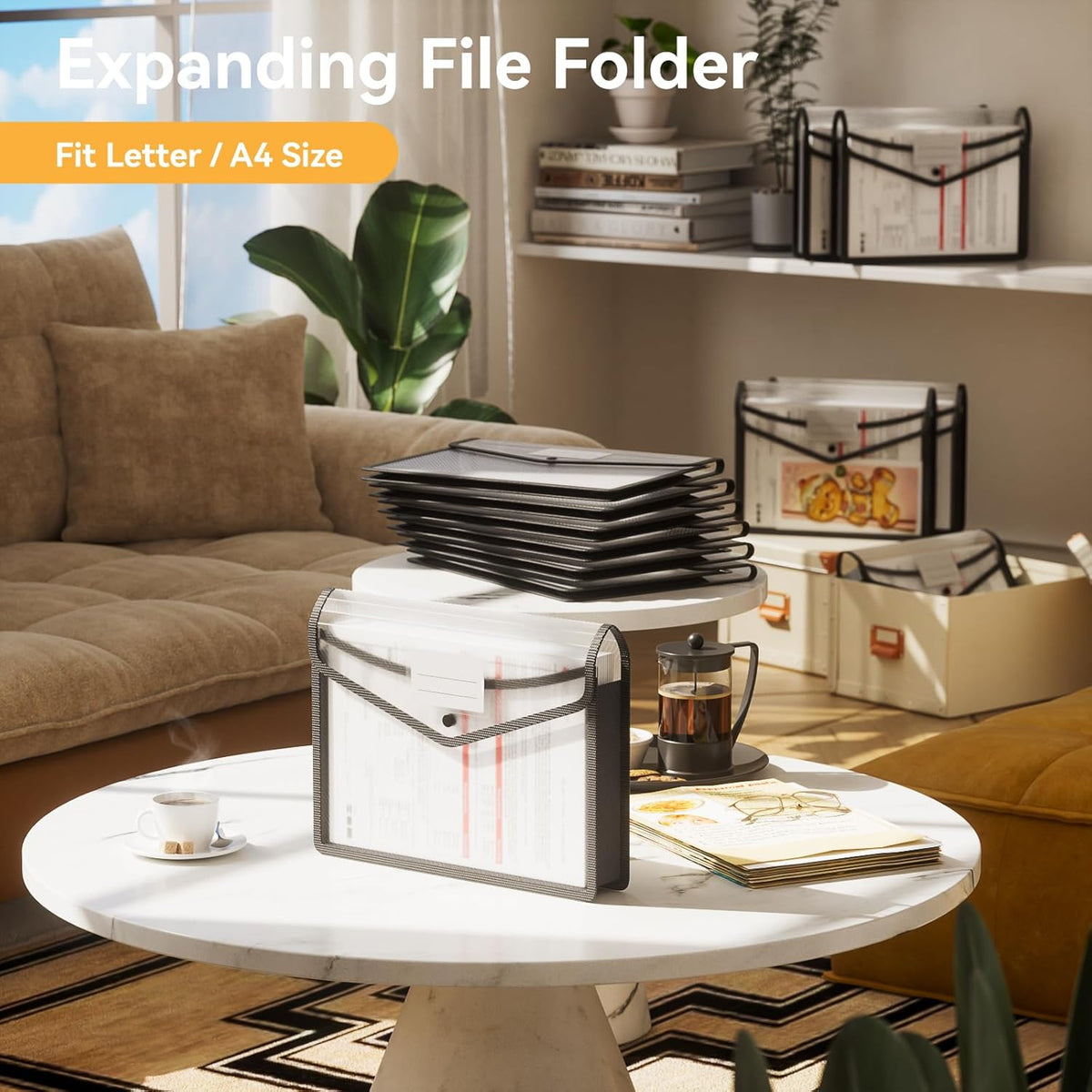ABC life 6 Pack Plastic Expanding File Folder, Folders for Documents with Snap Closure, Black File Folder Organizer Holder, Transparent Accordion File Pouch,Large Capacity, Fit Letter/A4 Size - Black