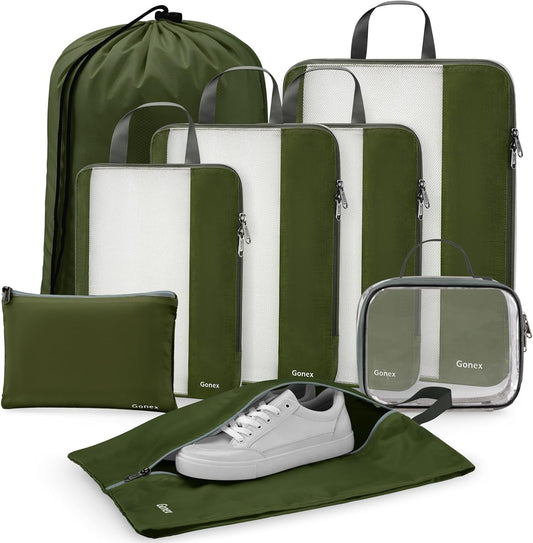 Gonex 8 Set Compression Packing Cubes for Travel, Expandable Mesh Packing Organizer for Travel Accessories Essentials with Toiletry Bag, Laundry Bag, Shoe Bag, Cable Bag for Carry On, Deep Green