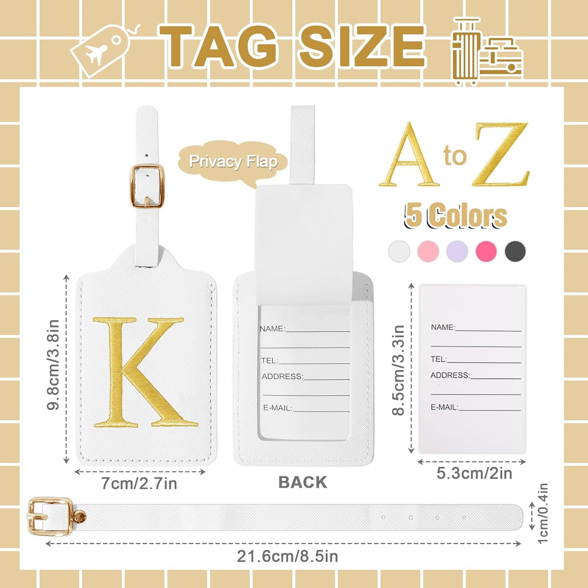 Personalized Initial Luggage Tags for Suitcase TSA Approved, White Leather Cute Luggage Tag with Privacy Cover Name Card, Embroidered Custom Luggage Tags Travel Baggage Tags Gifts for Women Kids(K)