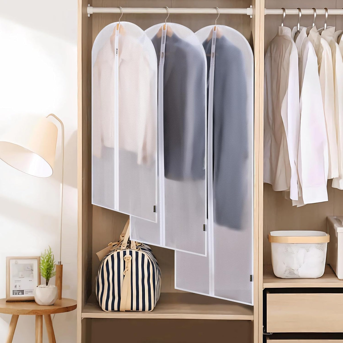 BALEINE 40'' Translucent Garment Bags, 12 Packs PEVA Dress Bag for Closet Clothes Dresses Suit Coats Storage (White, 12PK)
