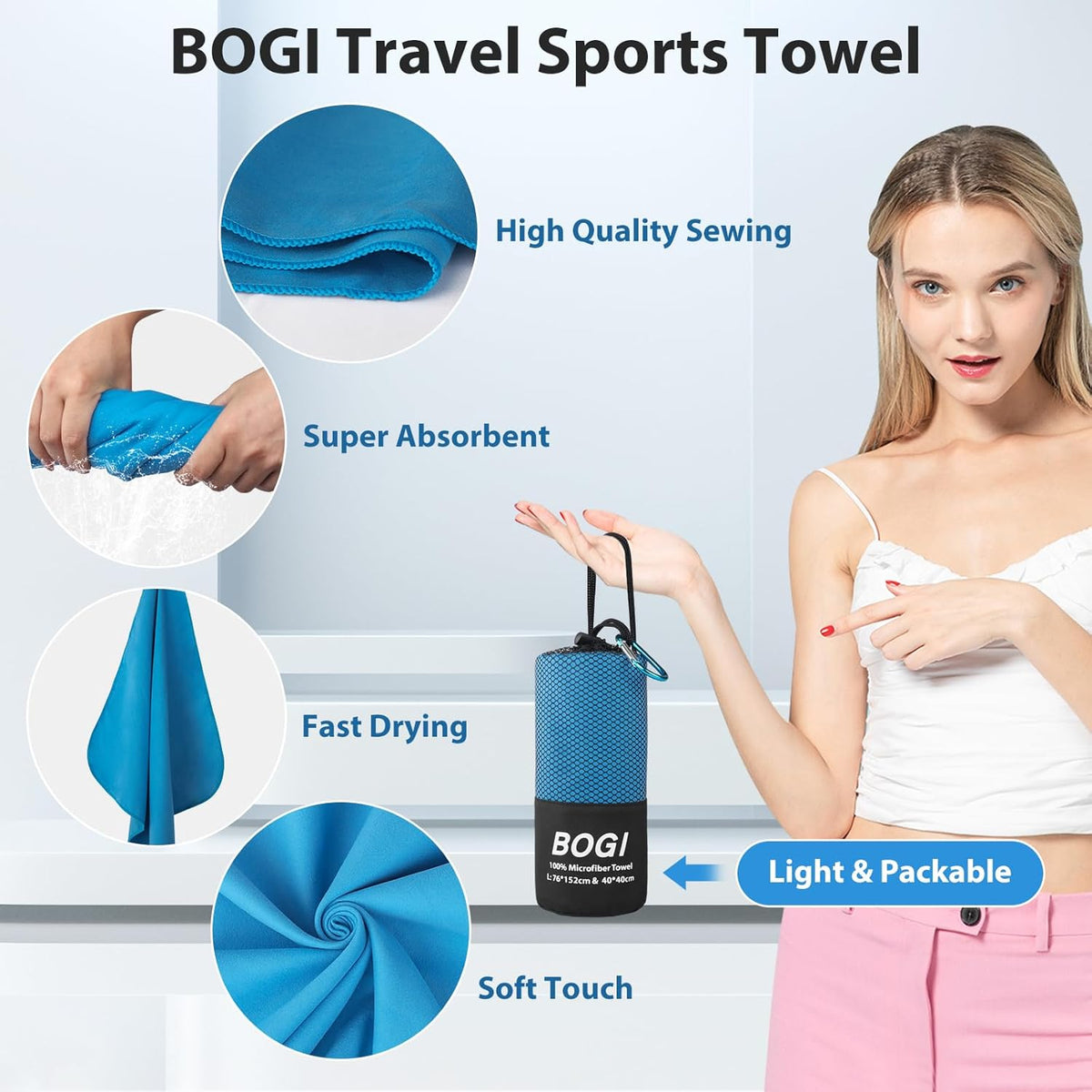 BOGI Microfiber Travel Sports Towel-Quick Dry Towel, Soft Lightweight Microfiber Camping Towel Absorbent Compact Travel Towel for Camping Gym Beach Yoga Swimming Backpacking (S:16''x32'',2Pcs-Blue)