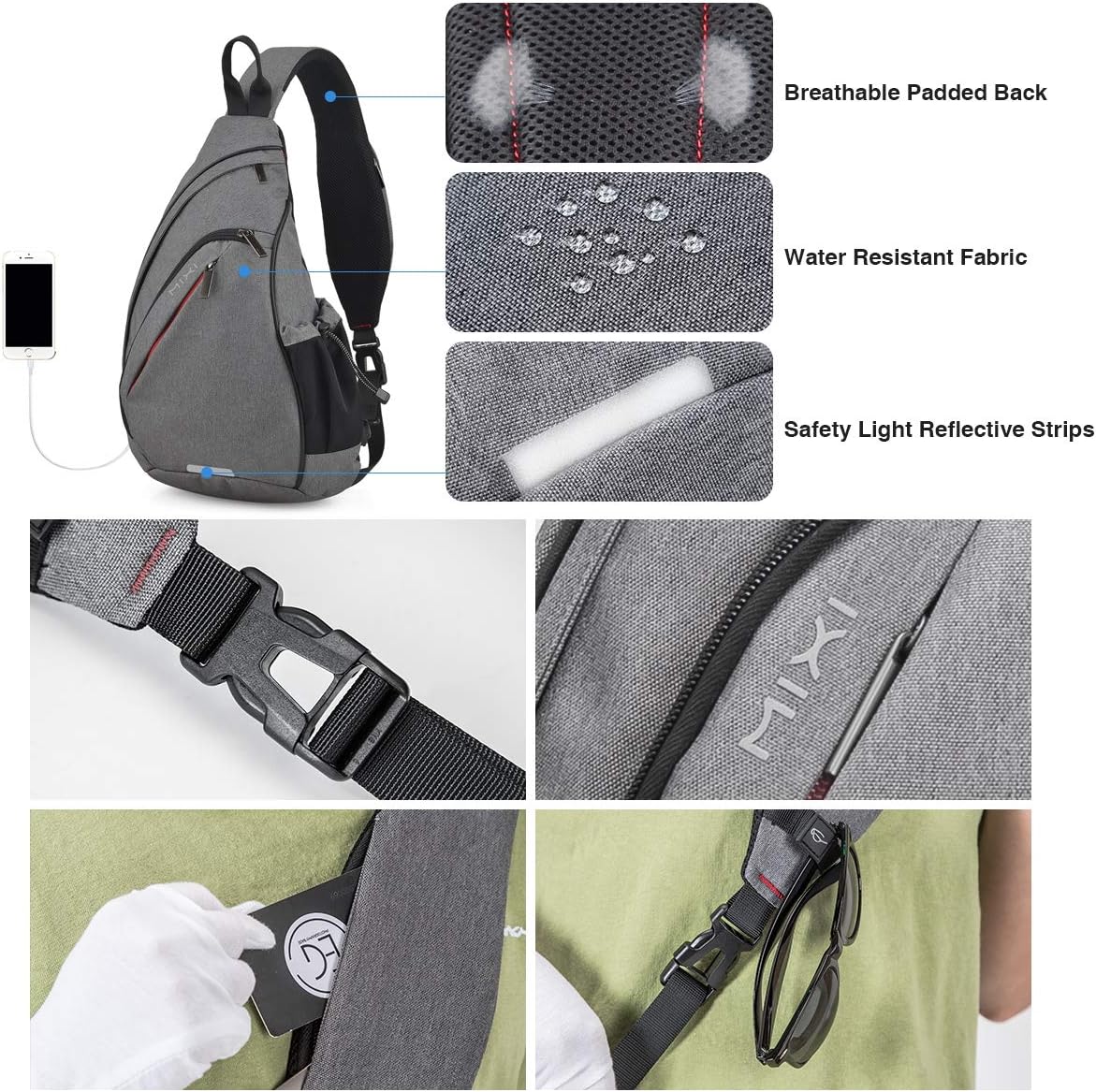 mixi Sling Bag Men Backpack Unisex One Shoulder Bag Hiking Travel Backpack Crossbody with USB Port for Men Women Versatile Casual Daypack-19 inch,Gery