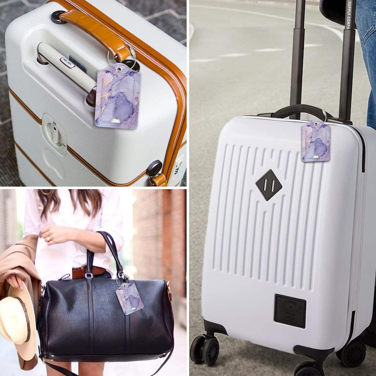 Fintie Luggage Tags, Privacy Cover ID Label with Stainless Steel Loop and Address Card for Travel Bag Suitcase - Lilac Marble (2 Piece)