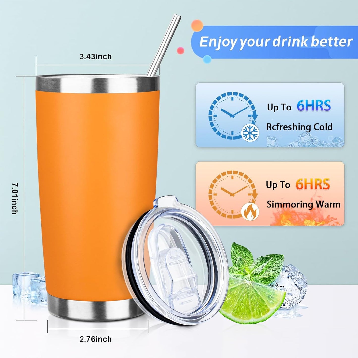 20oz Tumbler with Straw and Brush, Stainless Steel Vacuum Insulated tumbler, Double Wall Insulated Coffee Tumbler for Outdoor, Home, Travel,Office (Orange,4pcs)