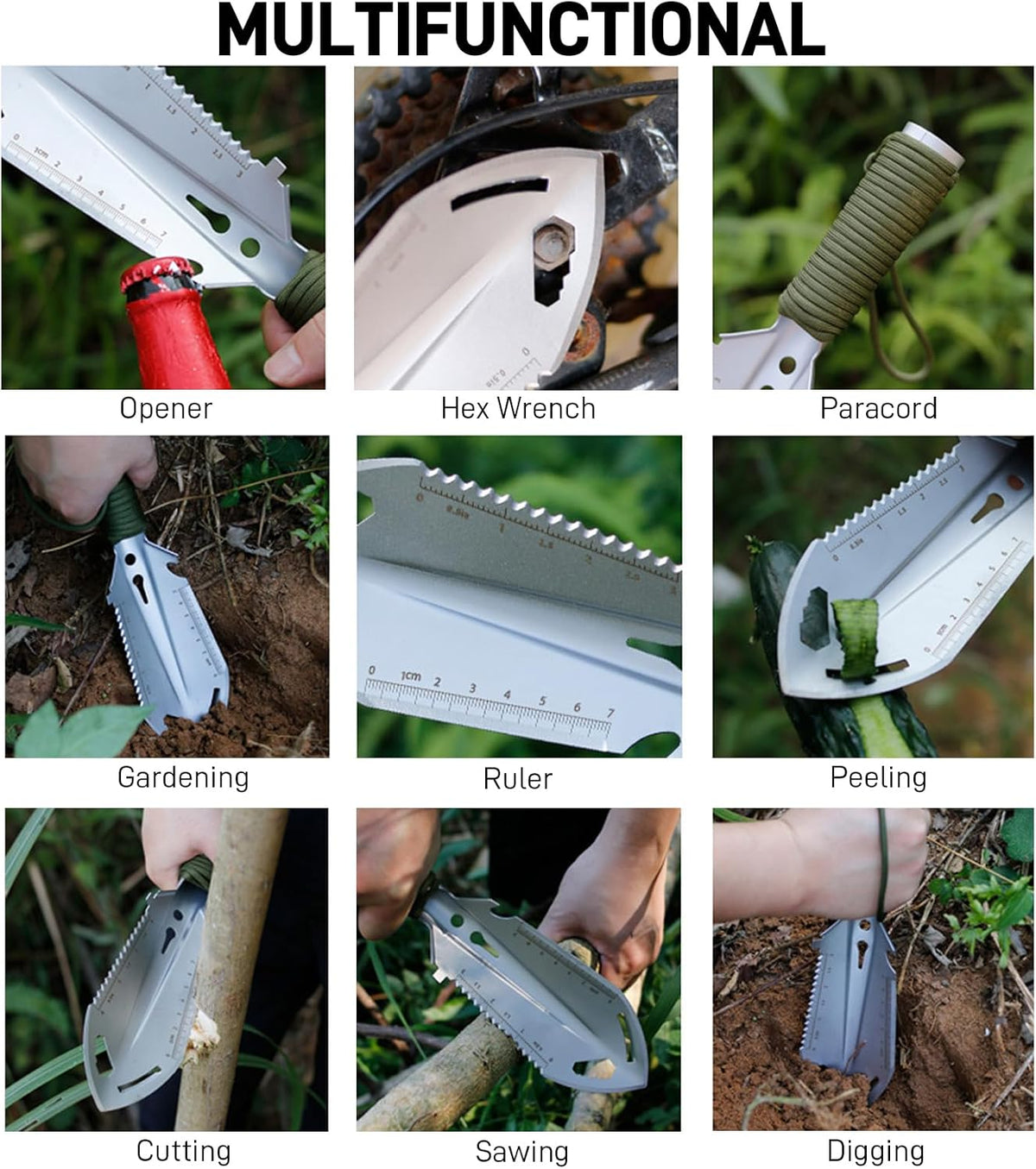 Small Camping Shovel, 9 in 1 Mini Hand Shovel, Portable Backpacking Trowel, Ultralight Compact Multitool for Camping, Gardening, Outdoor Survival, Black