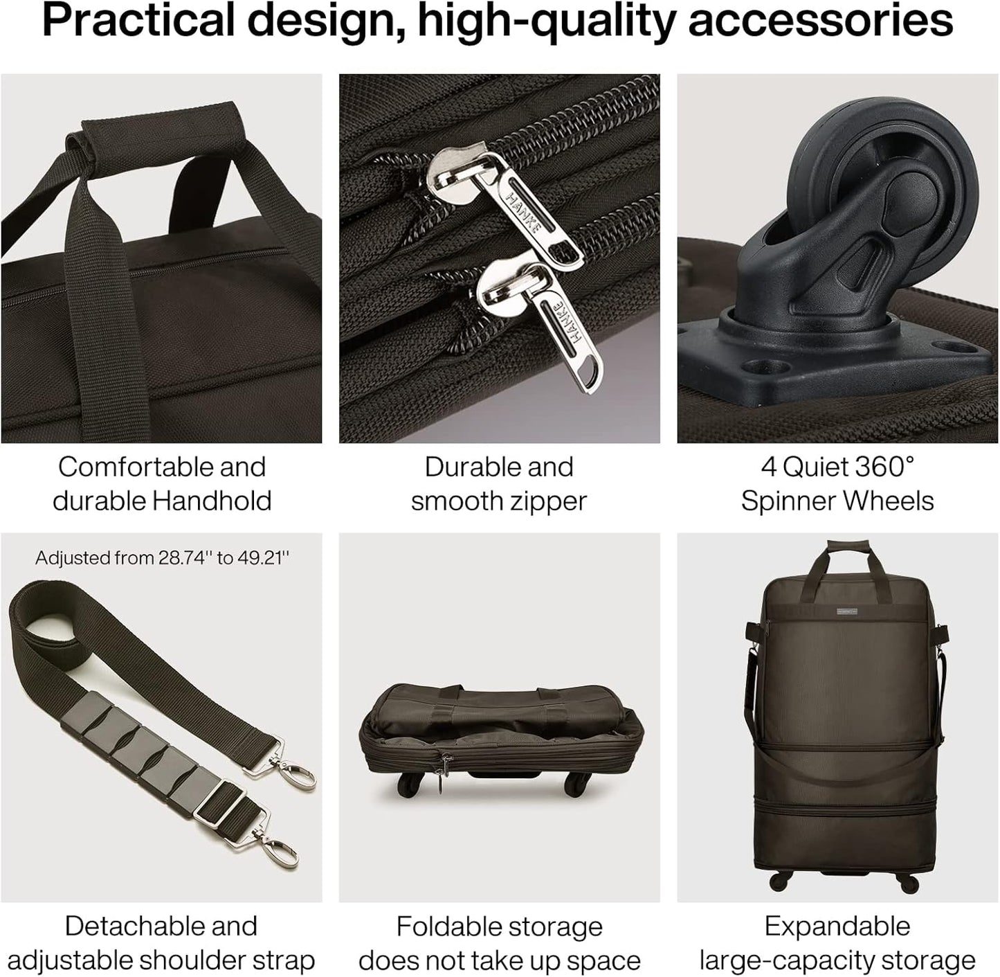 Hanke Suitcases with Wheels Expandable Foldable Luggage Bag Suitcase Collapsible Rolling Travel Bag Duffel Bag for Men Women Lightweight Suitcases without Telescoping Handle, Coffee