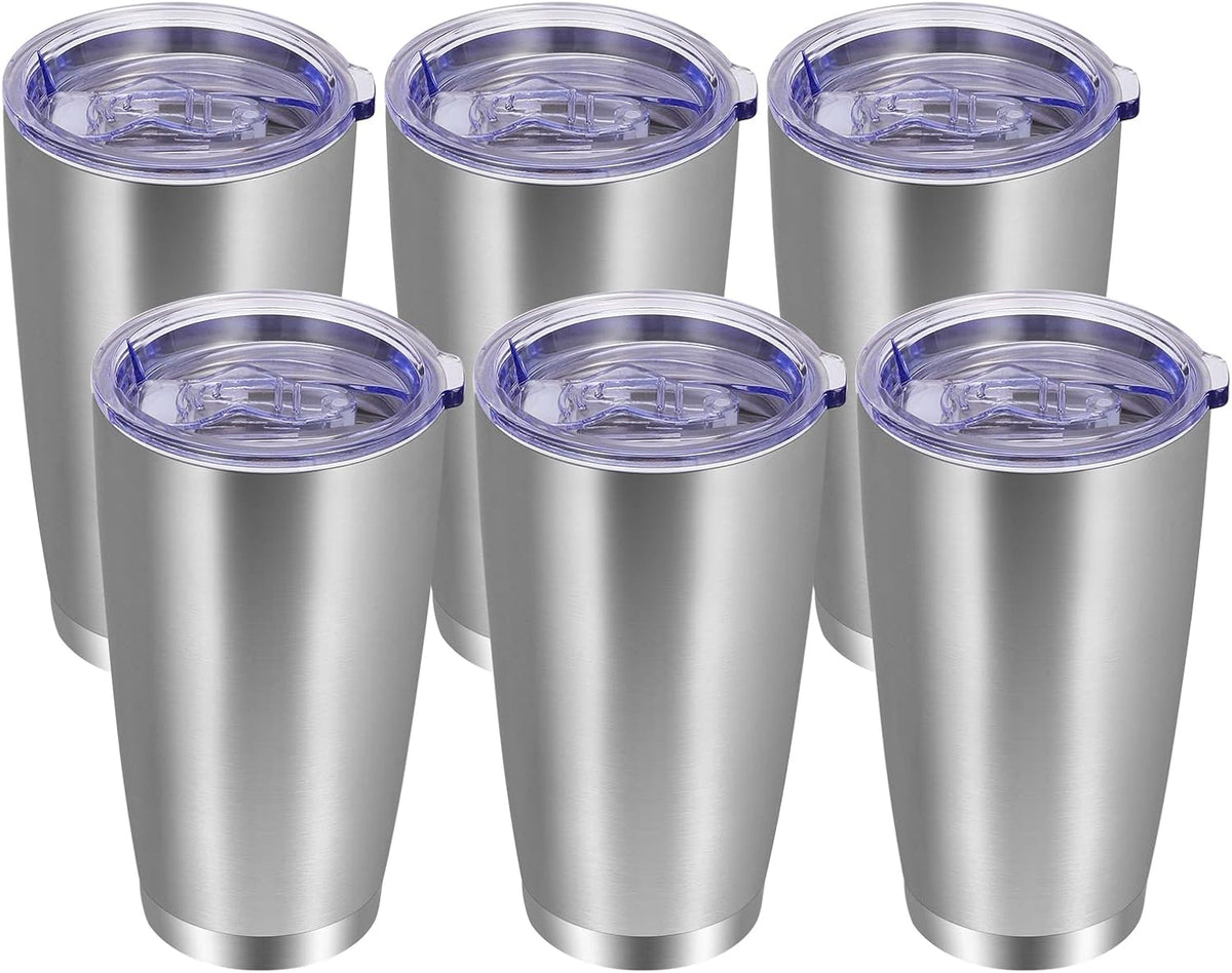 VEGOND 20oz Tumbler with Lid and Straw Stainless Steel Tumbler Cup Bulk Vacuum Insulated Double Wall Travel Coffee Mug Powder Coated Coffee Cup(Stainless 6 Pack
